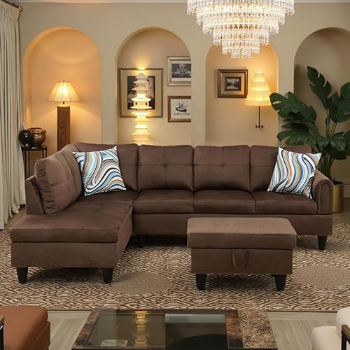 Miniatura 18 de Sofá seccional en forma de L con diván y otomana de almacenamiento, sofá modular convertible de 3 piezas para juegos de muebles de sala y negro