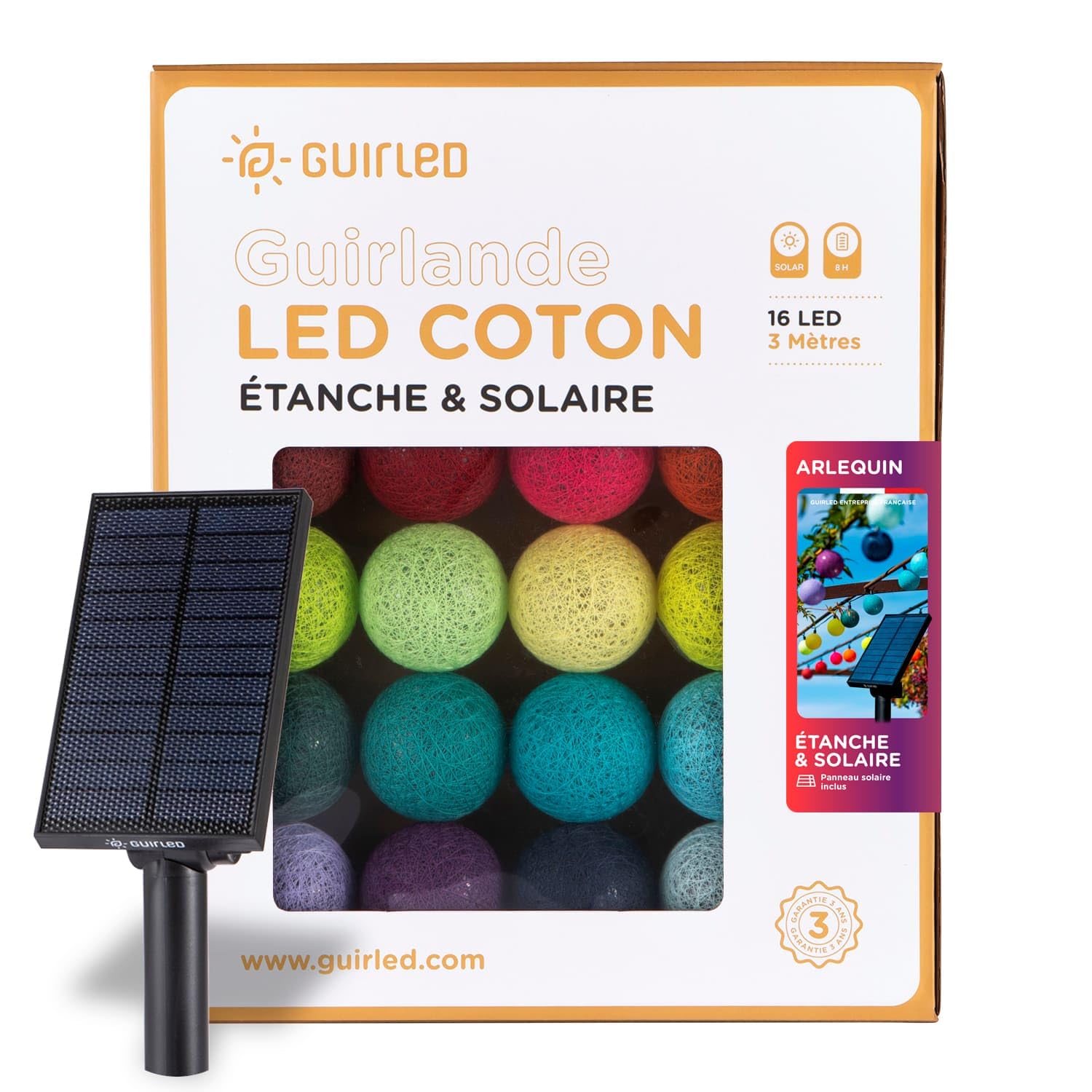 GuirLED - Guirlande d'extérieur boules lumineuses Guinguette LED - Étanche IP55 - Panneau solaire haut rendement - ON/OFF automatique - 16 boules 3m - Arlequin