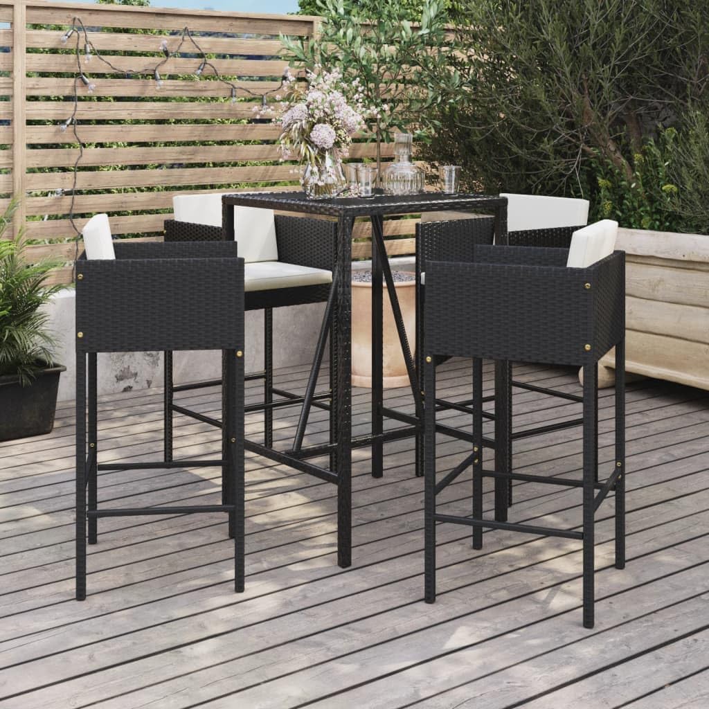 5-Piece Patio Bar Set with Cream Cushions Black PE Rattan Outdoor Furniture Set for Garden Balcony Porch Modern Bistro Set with Tempered Glass Tabletop and Steel Frame