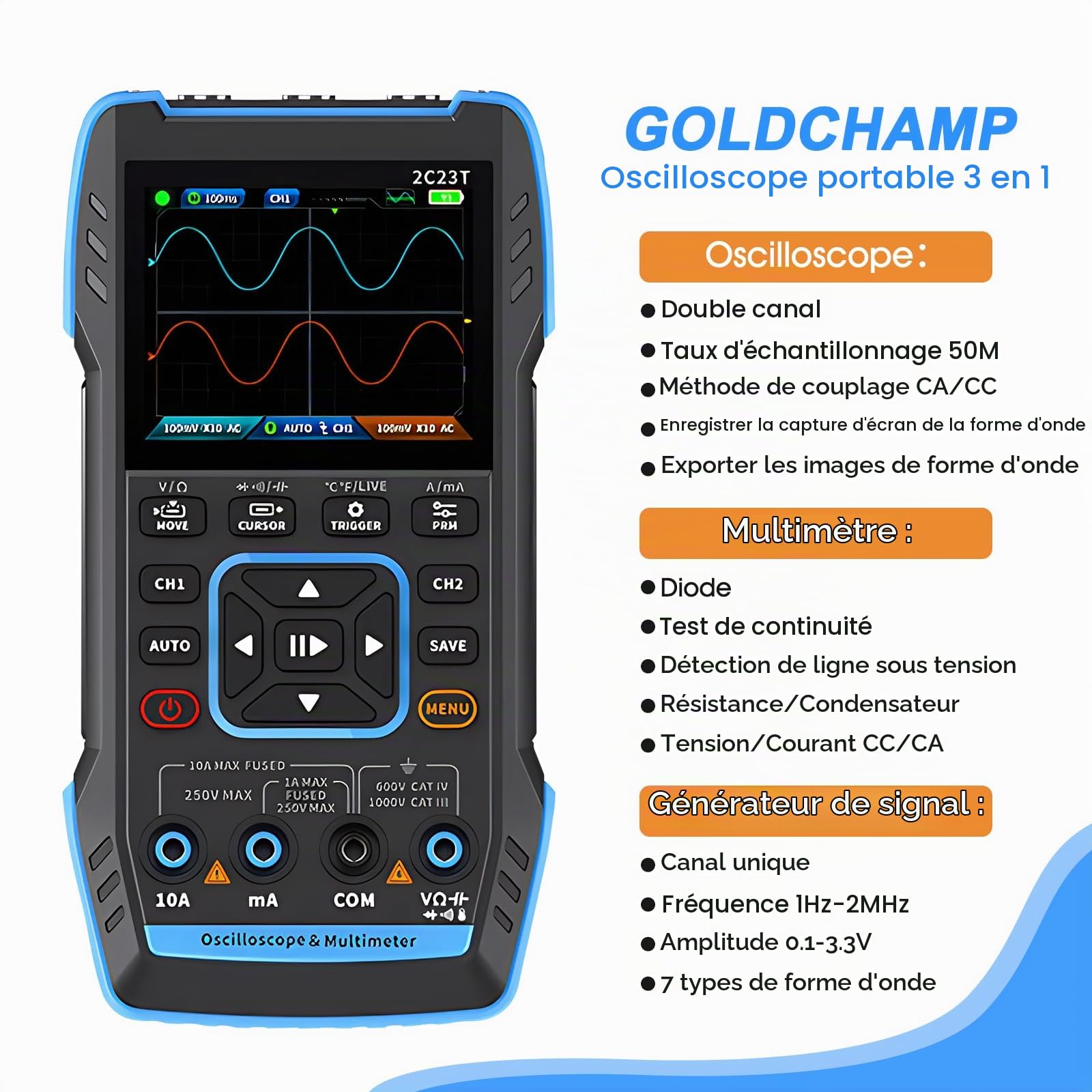 Oscilloscope, Kit Numérique Multimètre 3 en 1 Oscilloscope USB 2 canaux, Bande Passante de 10 MHz, Taux D'échantillonnage de 50 Msa/s, 10000 Points, Tension, Condensateur, Résistance, Diode