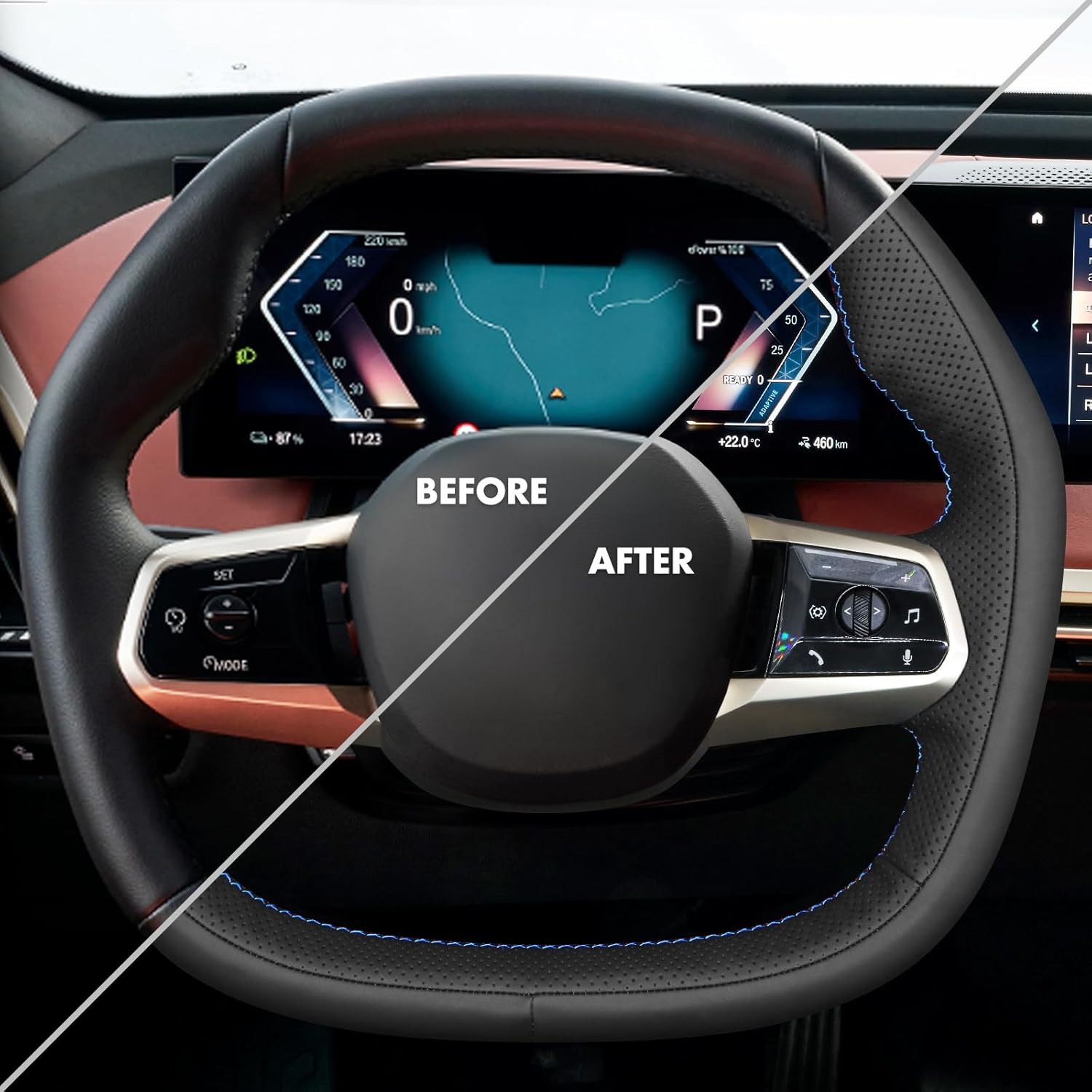 MEWANT Steering Wheel Cover for BMW iX (I20) 2022-2025 3D Style Leather Hand-Stitched Steering Wheel Wrap