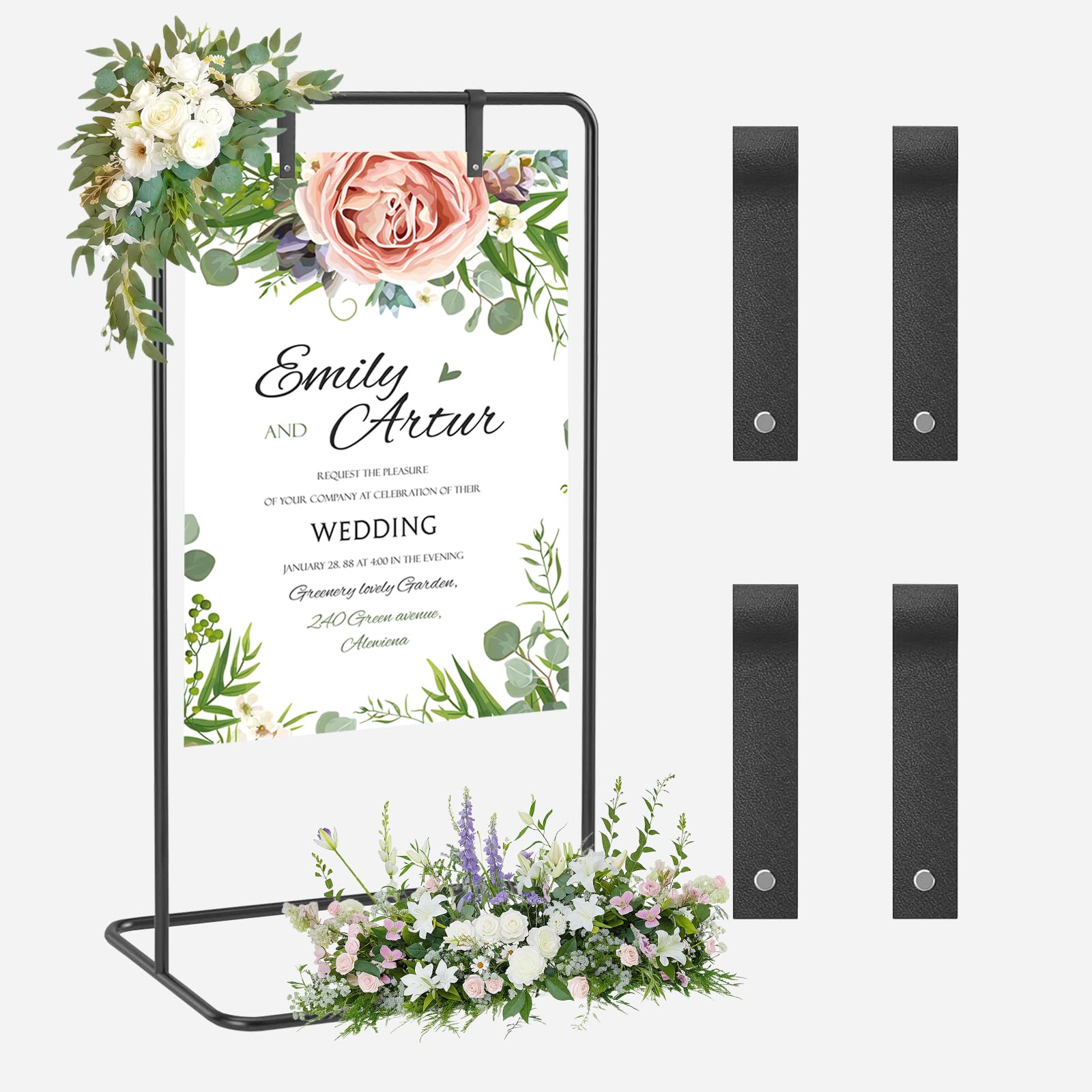 Letreros de exhibición de boda, 173 x 80 x 50 cm, Bienvenido a nuestro soporte para letreros de boda con 4 correas de cuero, adecuado para planos de asientos, recepción, carteles y decoración (Negro)
