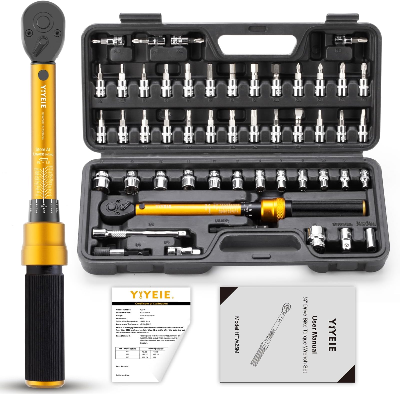 YIYEIE 50Pcs Master Bike Torque Wrench Set, 1/4 Inch Drive, 10-220 in.LB (1-24.9 Nm), Inch Pound Click Torque Wrench with Bit Sockets, 0.1 Nm Micro, 3/8 Adapter, Pro Bicycle Tool Kit for MTB