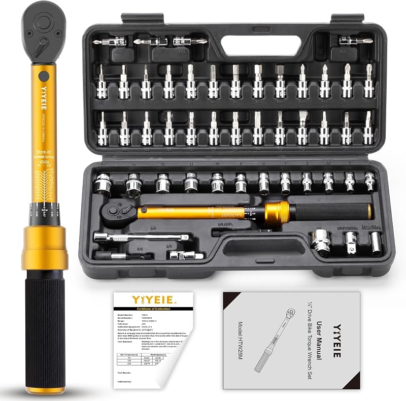 YIYEIE 50Pcs Master Bike Torque Wrench Set, 1/4 Inch Drive, 10-230 IN.LB (1-26.0 Nm), Inch Pound Click Torque Wrench with Bit Sockets, 0.1 Nm Micro, 3/8 Adapter, Pro Bicycle Tool Kit for MTB