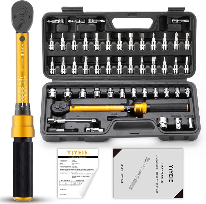 50Pcs Master Bike Torque Wrench Set, 1/4 Inch Drive, 10-230 IN.LB (1-26.0 Nm), Inch Pound Click Torque Wrench with Bit Sockets, 0.1 Nm Micro, 3/8 Adapter, Pro Bicycle Tool Kit for MTB