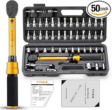 YIYEIE 50Pcs Master Bike Torque Wrench Set, 1/4 Inch Drive, 10-230 IN.LB 1-26.0 Nm, Inch Pound Click Torque Wrench with Bit Sockets, 0.1 Nm Micro, 3/8 Adapter, Pro Bicycle Tool Kit for MTB