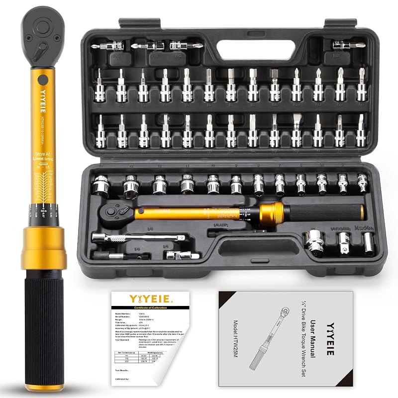 Kit de Chave de Torque para Bicicleta YIYEIE 1/4 pol. de 10 a 26,0 N·m com Soquetes e Adaptadores, Y0016, 50 peças