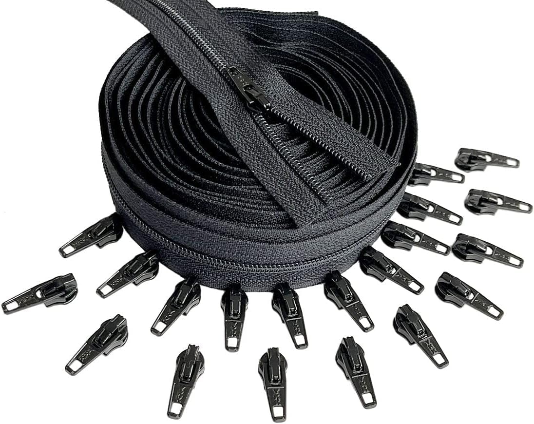 YKK #5 Nylon Coil Black Continuous Zipper Chain 10 Yards with 25 Automatic Lock Zipper Pulls Same Color for DIY Sewing Crafts or Bags (Black #580)