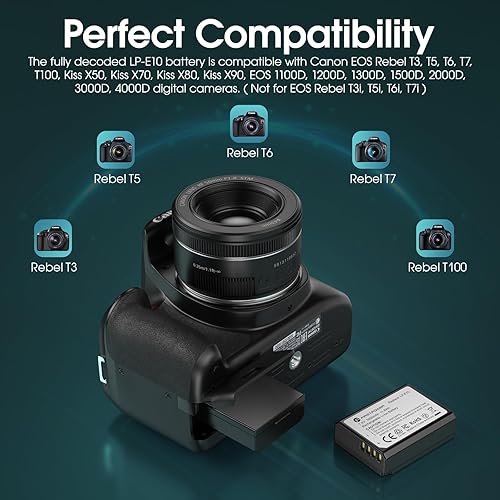 Miniatura 2 de FirstPower Baterías LP-E10 de repuesto compatibles con cámaras Canon EOS Rebel T3, T5, T6, T7, T100, Kiss X50, Kiss X70, EOS 1100D, 1200D, 1300D,