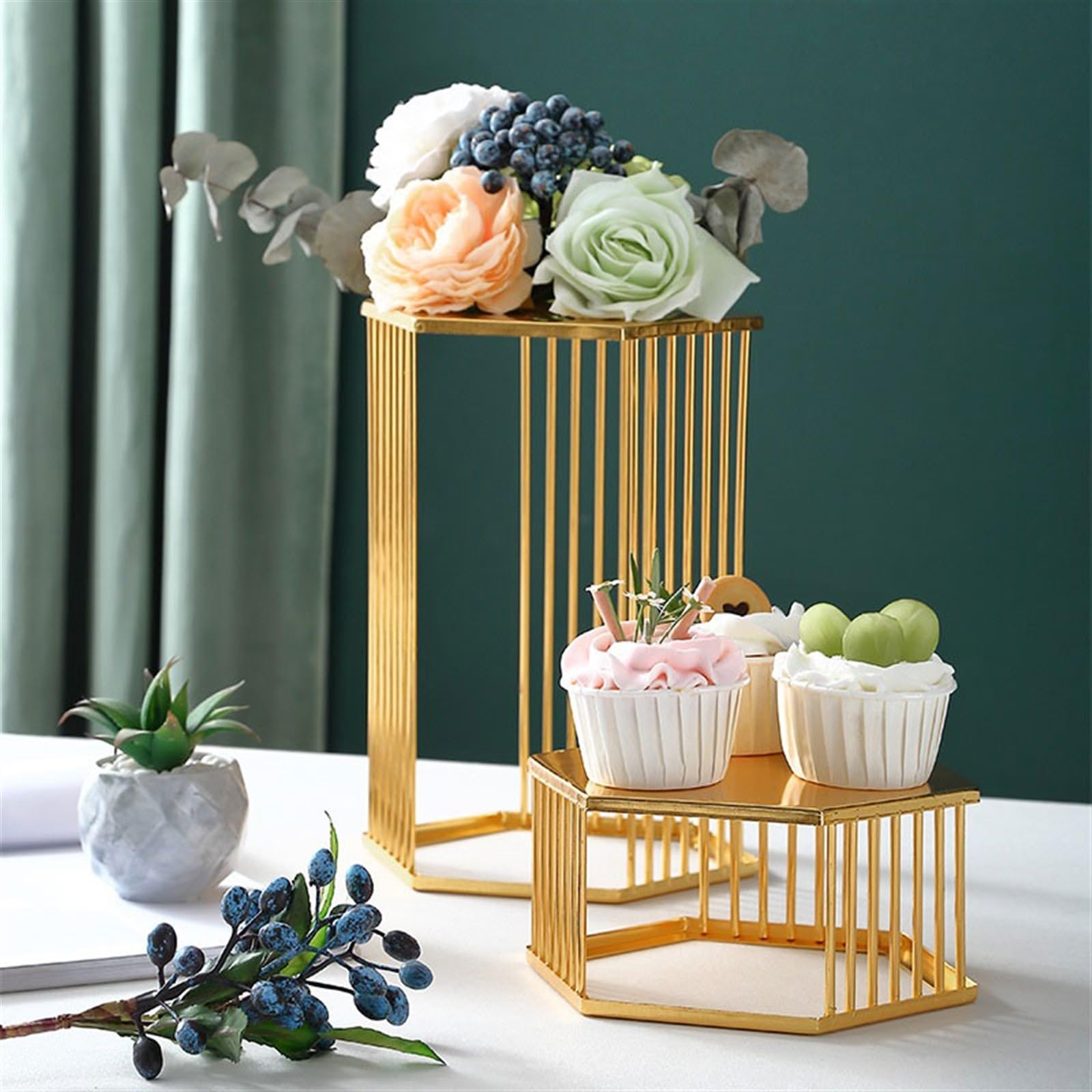 Alzata per Dolci Semplice e alla Moda portatorte Esagonale for tè pomeridiano Dim Sum Tavolo da Dessert a Gamba Alta in Ferro Leggero e Lussuoso Alzata per Torta(XS)