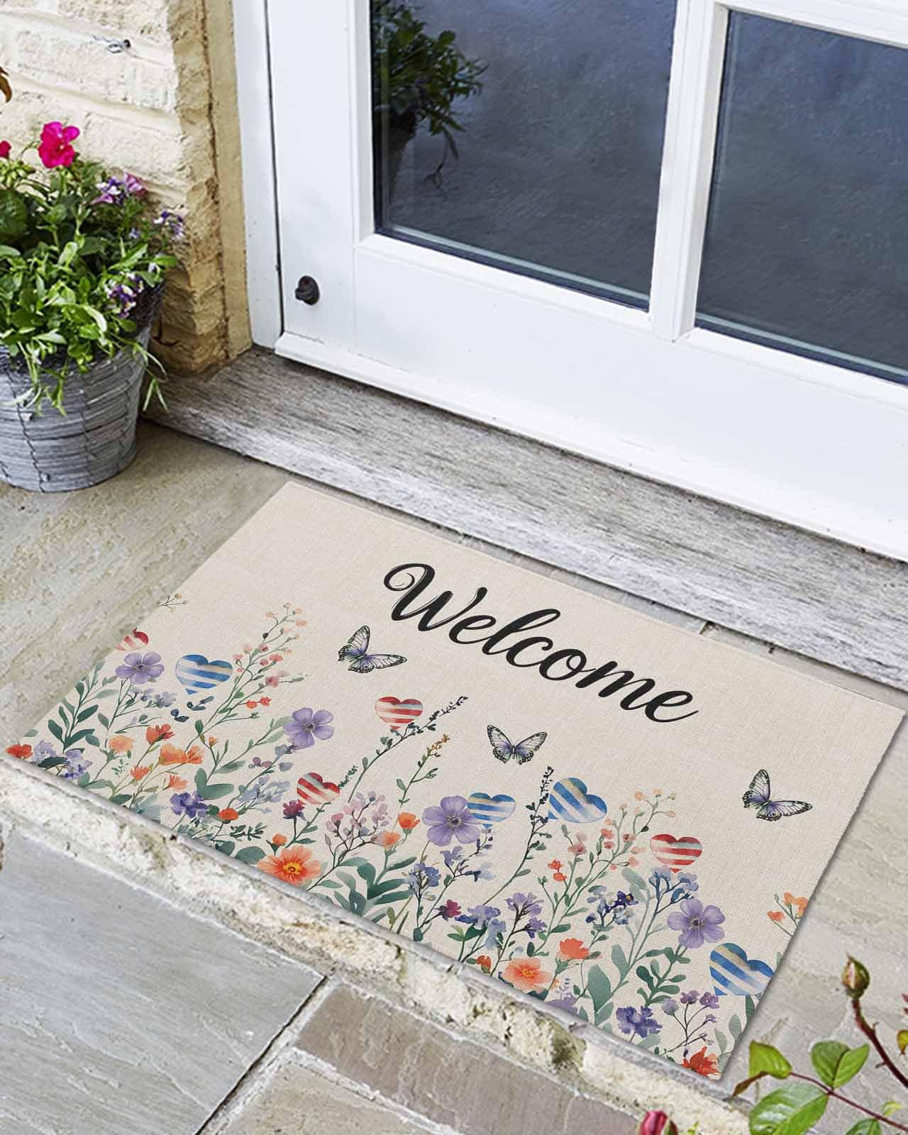 4th of July Welcome Doormat Independence Day Non-Slip Front Door Mat Blue Red Heart Absorbent Bath Mats Farm