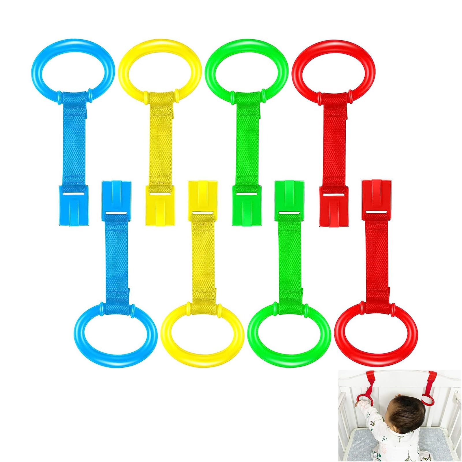 X spring Baby Pull up Ring, 8 PCS Baby Pull up Rings Playpen, Baby Crib Pull Ring, Playpen Pull Ring for Toddler Kids Children Walking Training Tool (Blue, Red, Green, Yellow)