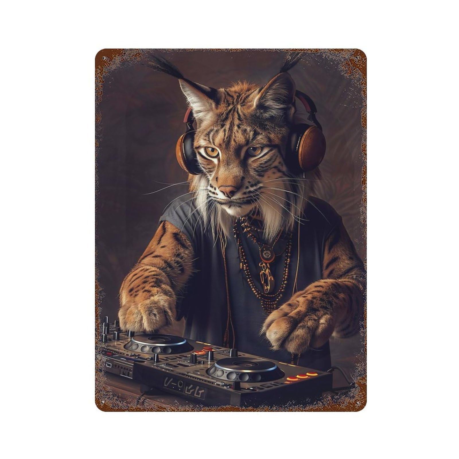 Rust Effect Lynx DJ Vintage Rust Metal Sign 15.7"x11.8", Classic Wall Plaque for Shed, Workshop And Garage Wall Decor