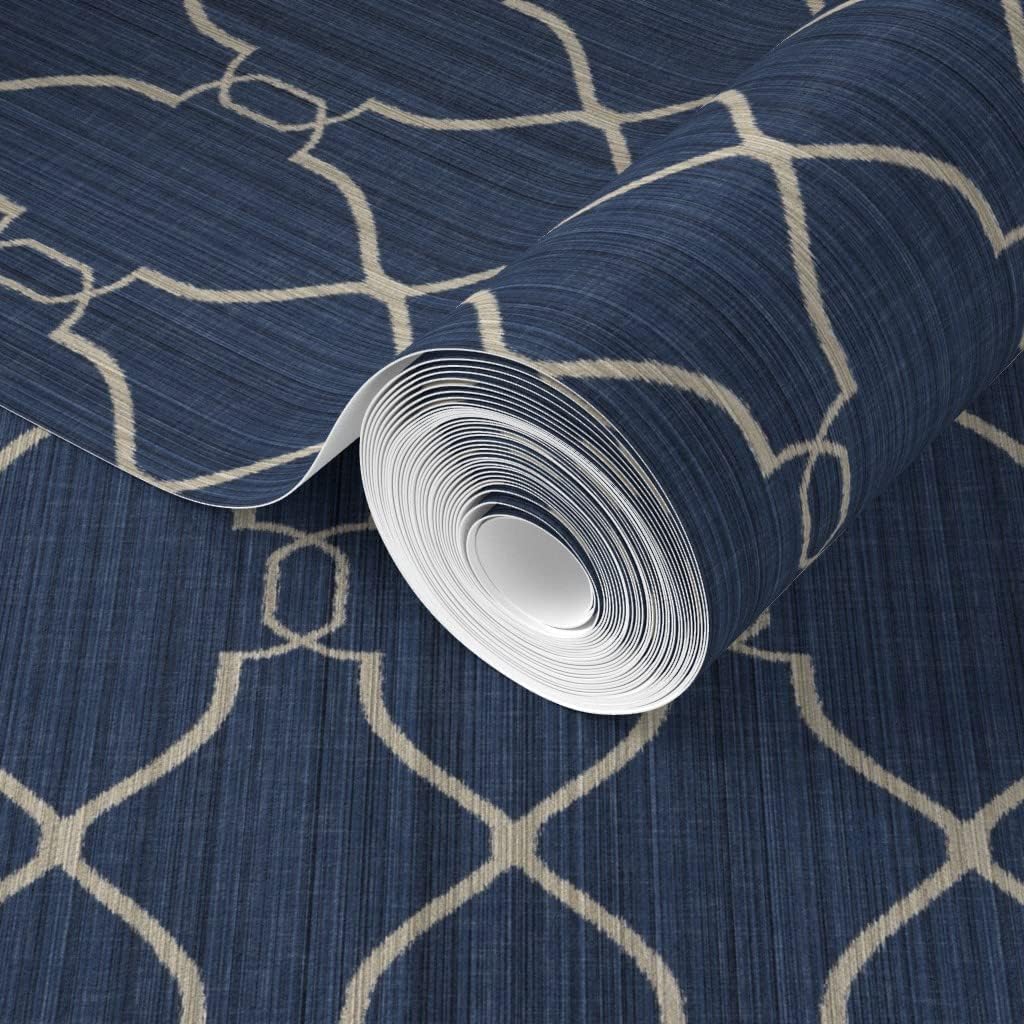 Spoonflower Commercial Grade Wallpaper 27ft x 2ft - Trellis Indigo Lattice Quatrefoil Navy Blue Traditional Wallpaper