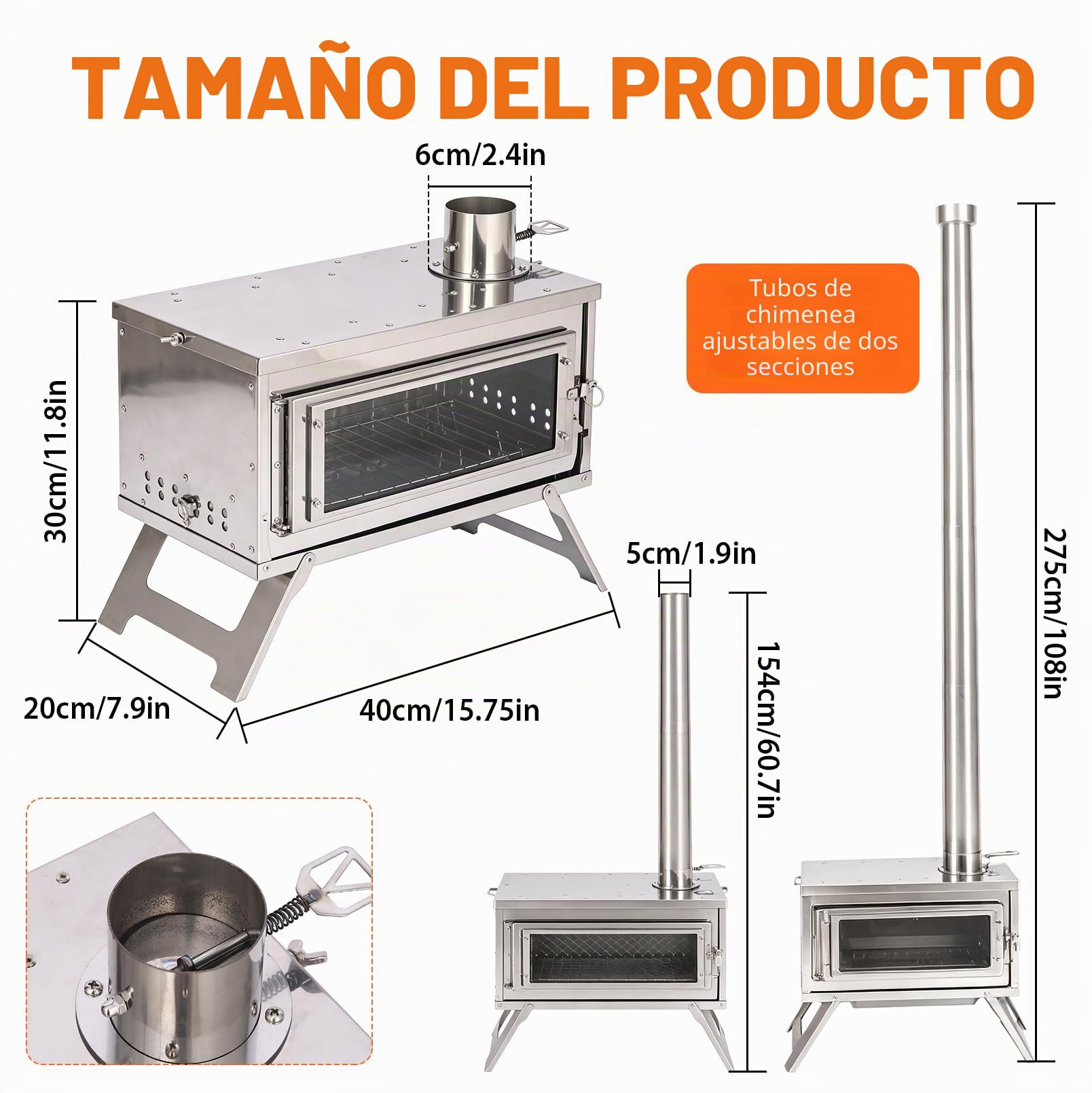 Camp Fire - Estufa de tienda de campaña de acero inoxidable con chimenea, estufa de leña portátil con bolsa de transporte y rejilla para cenizas, cocina de leña resistente a altas temperaturas para
