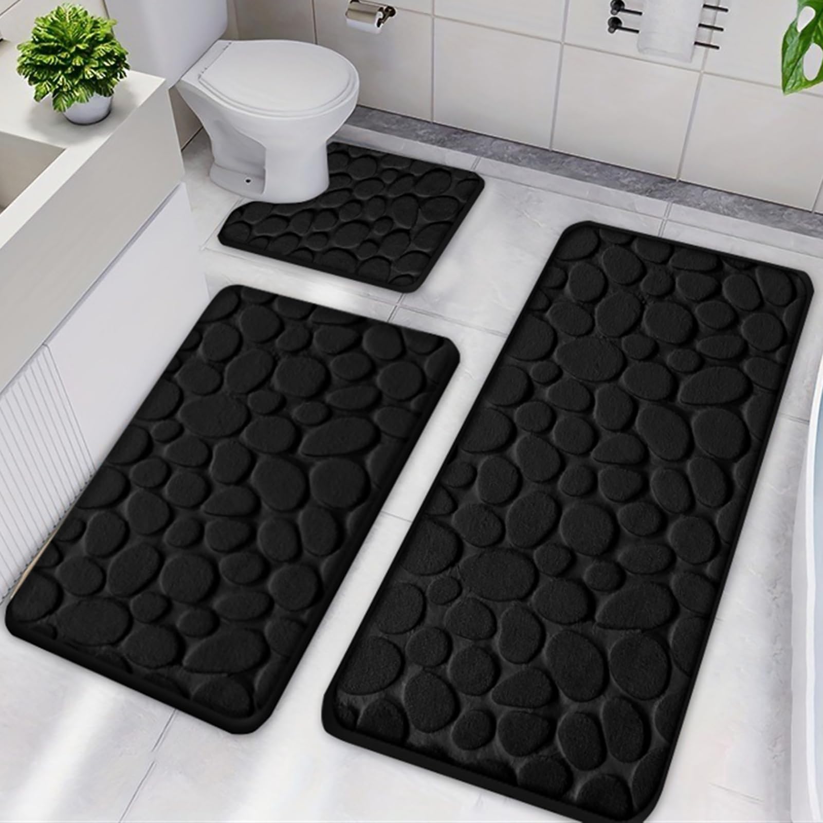 Set di 3 tappeti da bagno in memory foam, antiscivolo, di lusso, in velluto, assorbenti, colore ciottolato, nero, per decorare la casa e il comfort