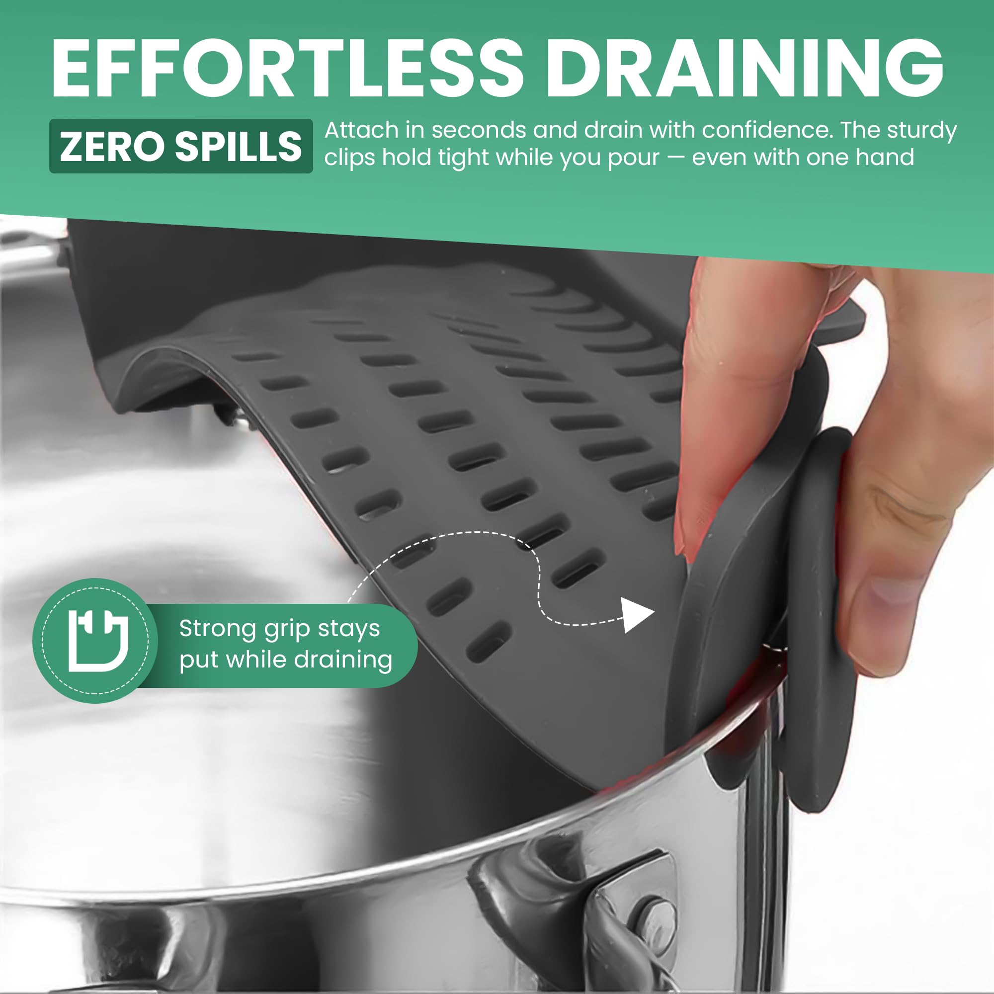 Colador de pasta con clip para ollas y sartenes, colador resistente al calor para verduras y fideos, diseño que ahorra espacio, sin BPA, apto para lavavajillas, ajuste universal (gris) 5