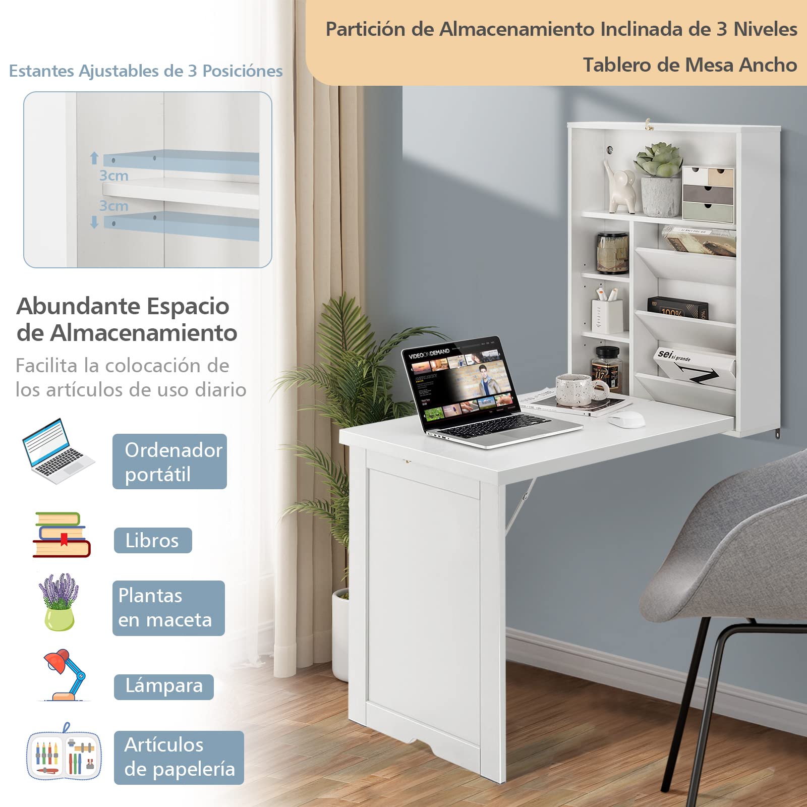 COSTWAY Escritorio Plegable de Pared, Estantes Ajustables, Mesa Plegable Pared para Ordenadores Portátiles Que Ahorra Espacio, Mesa Plegable de Comedor 60 x 94,5X 151cm