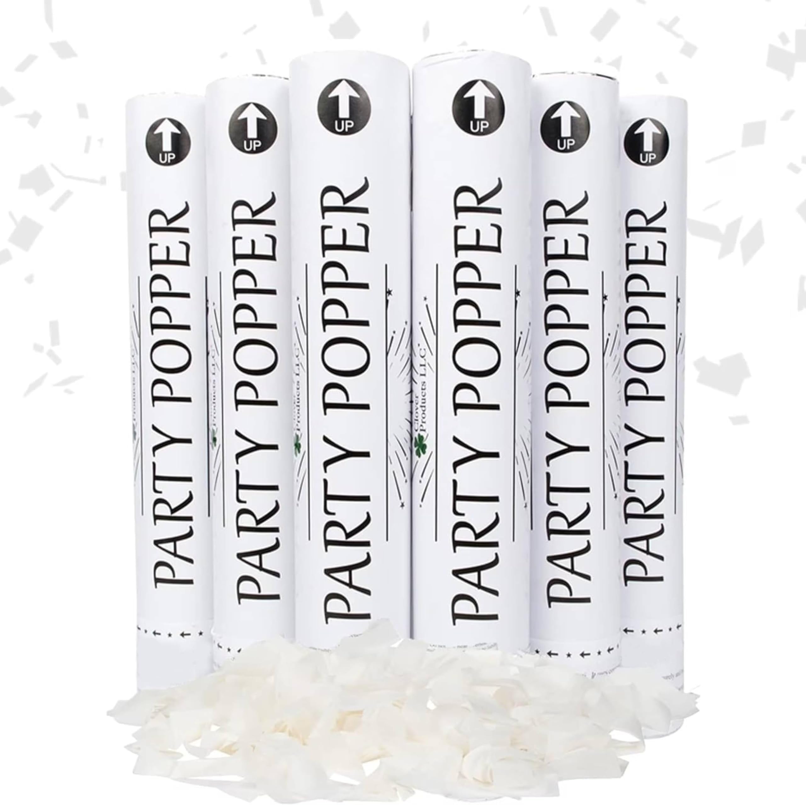 Clover 12" Confetti Cannons, 6 Pack White Confetti Poppers, Air-Powered Party Poppers, Shoots Up to 25 Feet, Safe for Indoor & Outdoor Use, Perfect for Weddings, Birthdays & Events