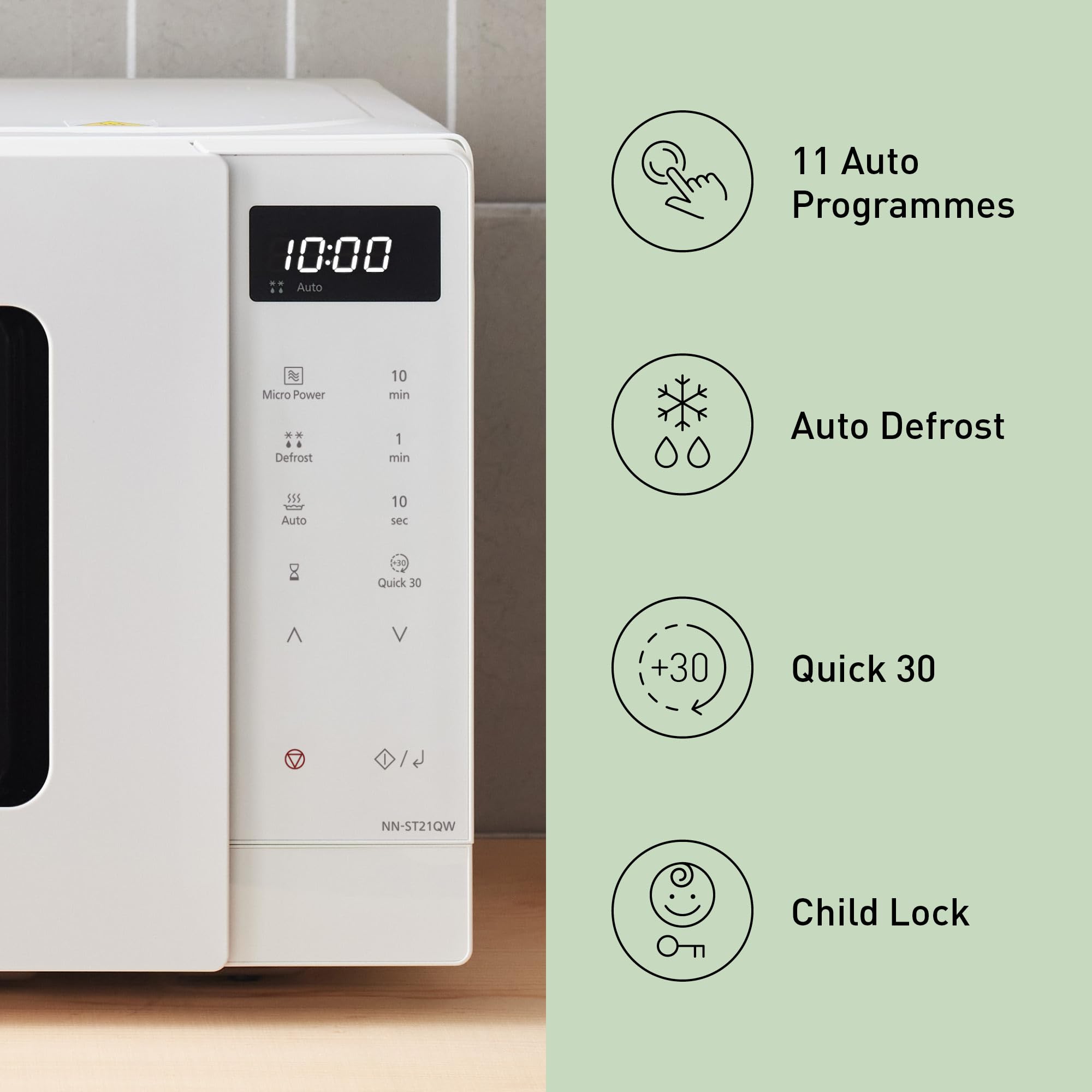 Panasonic NN-ST21QWEPG Tylko kuchenka mikrofalowa 20 l ze szklanym naczyniem, 800 W, automatyczne rozmrażanie, 11 programów automatycznych, wyświetlacz LED, 5 ustawień zasilania, cyfrowy timer, biały