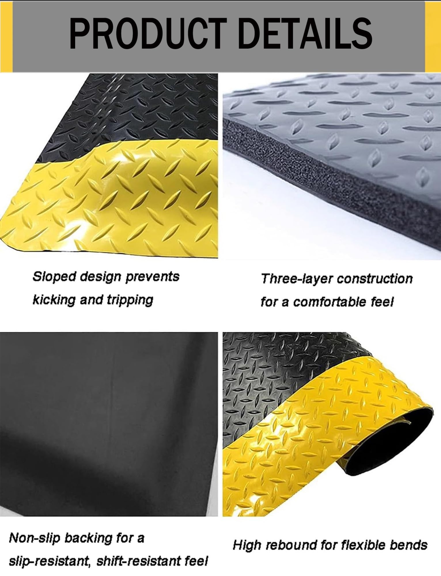 Tappeto antifatigue industriale in PVC, 2cm spessore, con bordo giallo | Allevia dolore schiena e gambe, adatto a scrivania in piedi, cucina, magazzino, officina(Grey,45X60cm)
