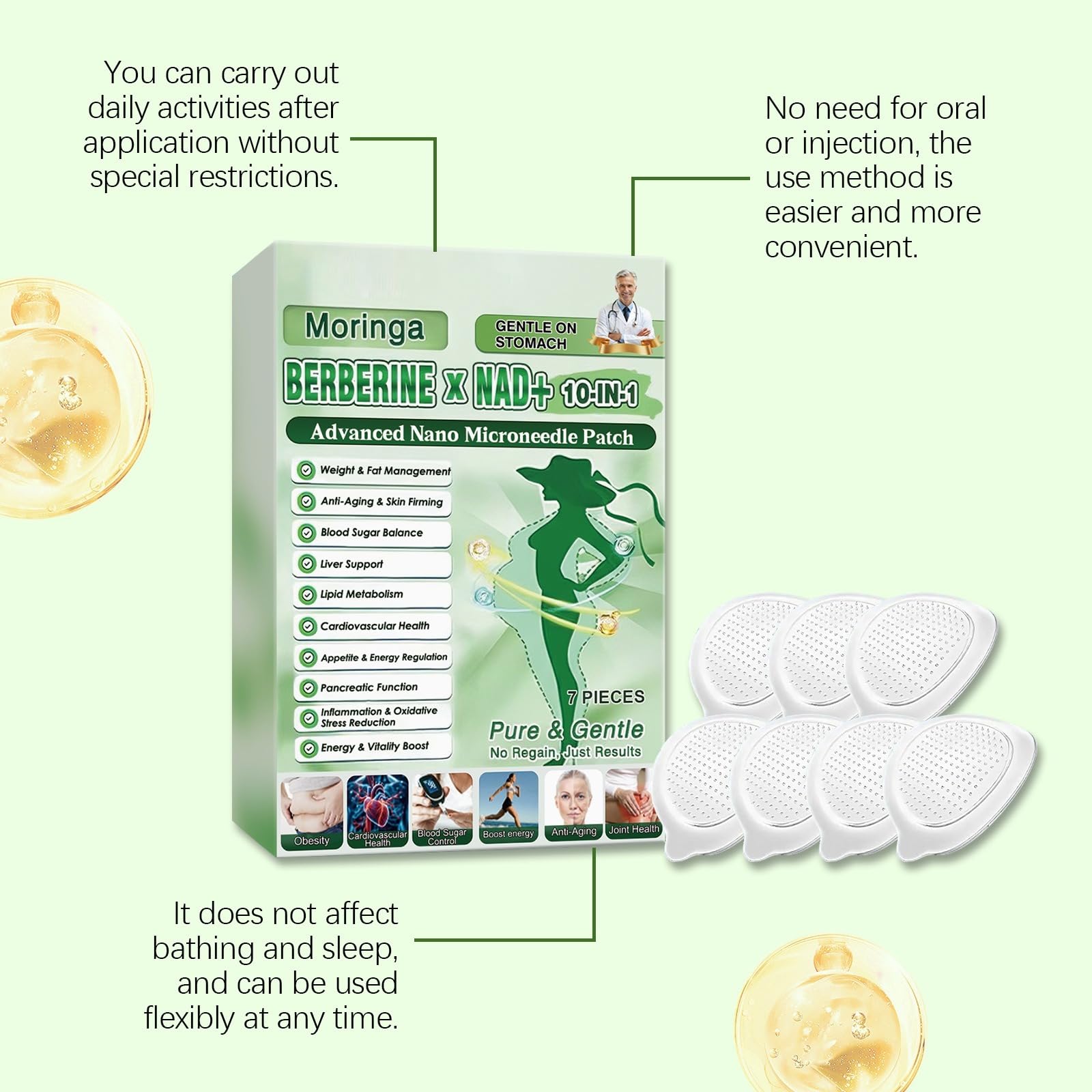 Cerotti nano NAD+ Moringa 10 in 1 di qualità premium, contenenti berberina, unisex, adatti per attività quotidiane leggere, 7 cerotti per confezione (versione migliorata).