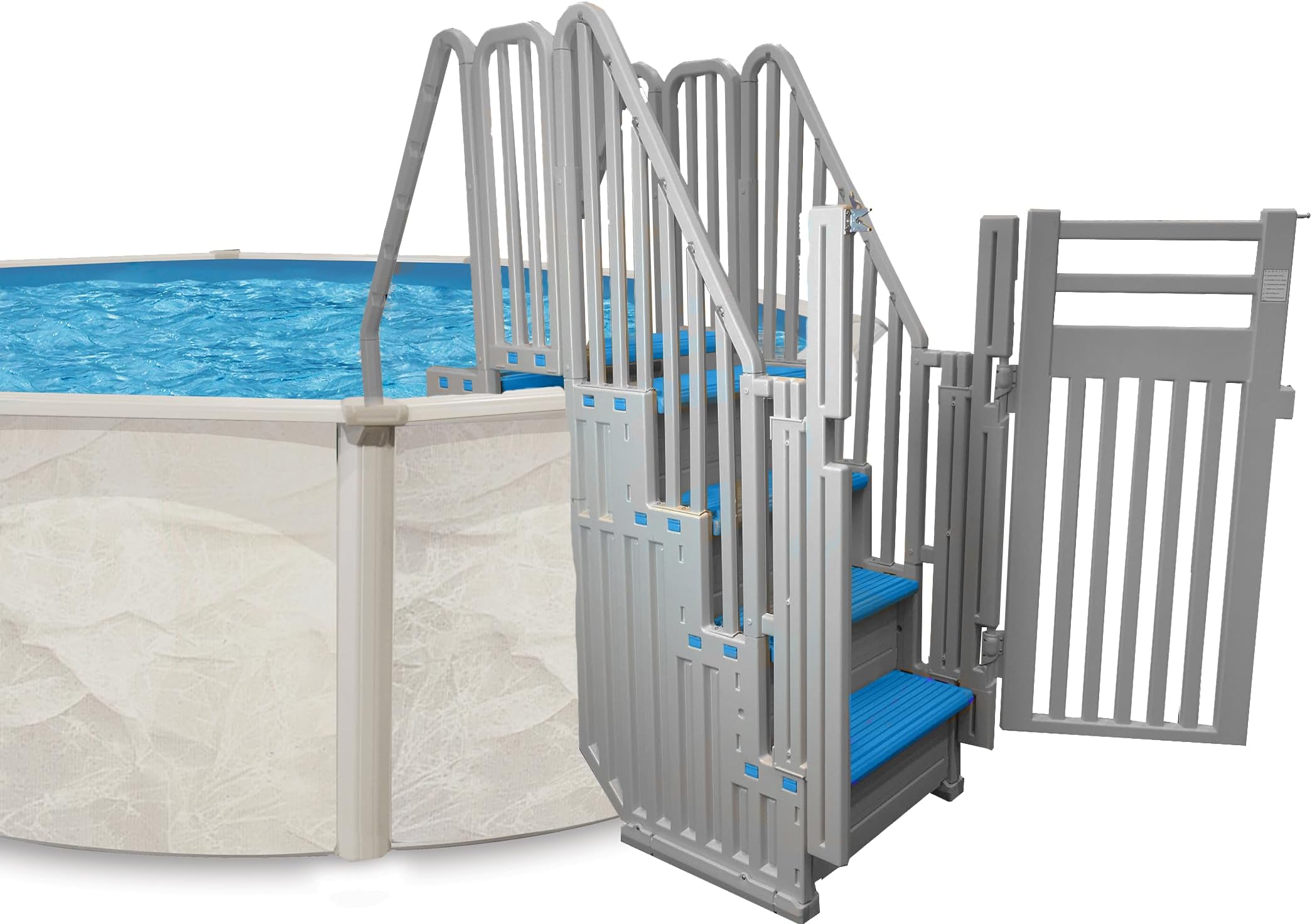 Confer Entry System for Above Ground Pools | White Frame with Blue Steps | All Resin Bridge System with Handrails and Gate