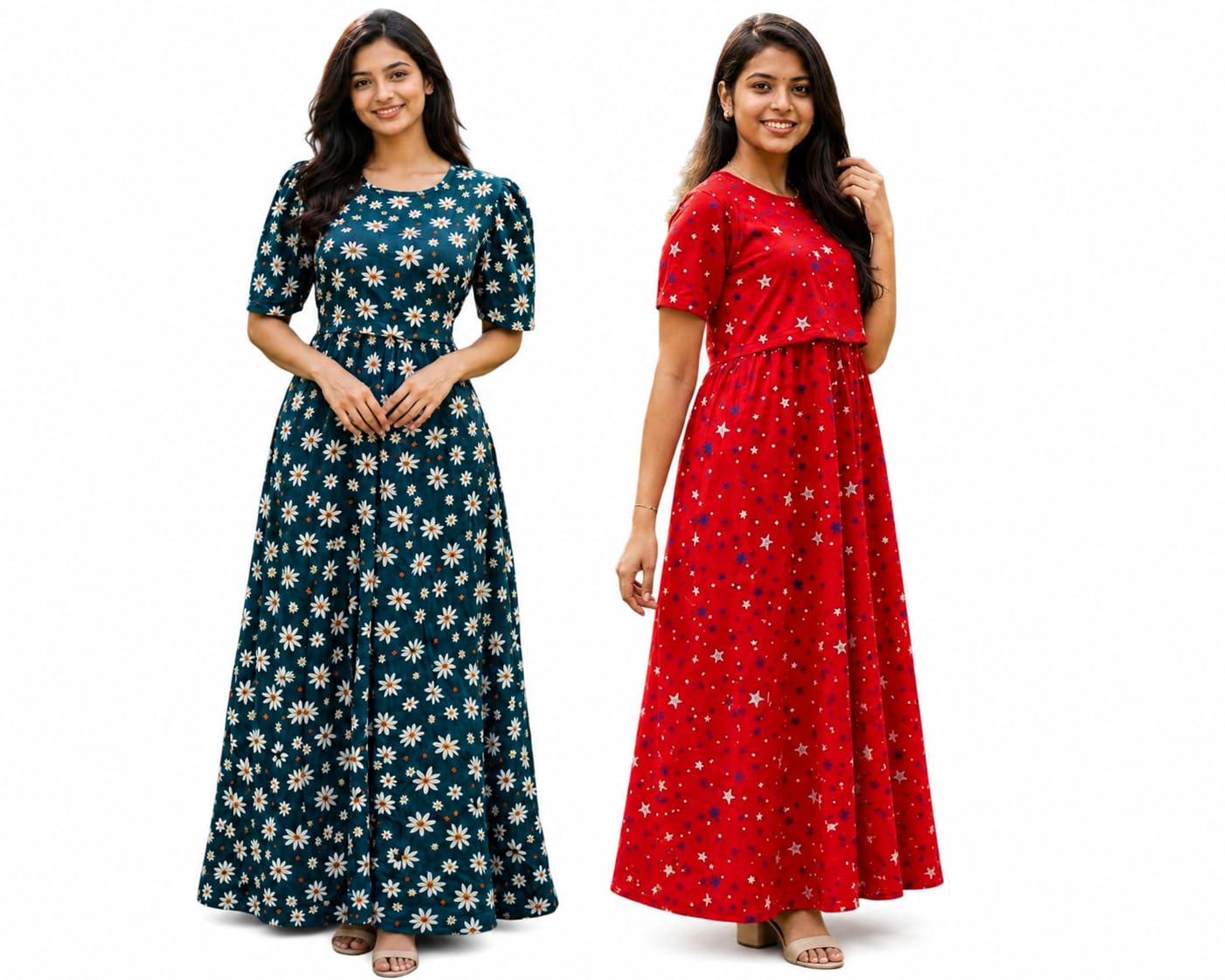 RENIS.Store Women's 100% Cotton Zipless Feeding Maternity Nighty Pack of 2 | Pull Up Nighty | Soft Pregnancy & Feeding Wear, Back Tie with Side Pocket | Green Flower_RED Star | Size-XL-image-30