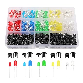 475 PCS 3mm + 5mm LED Diode Kit with Plastic Diode Holder, 2-Pin Light Emitting Diode with Diffused Colored Len, Round Head LED Diode, White/Green/Red/Blue/Yellow