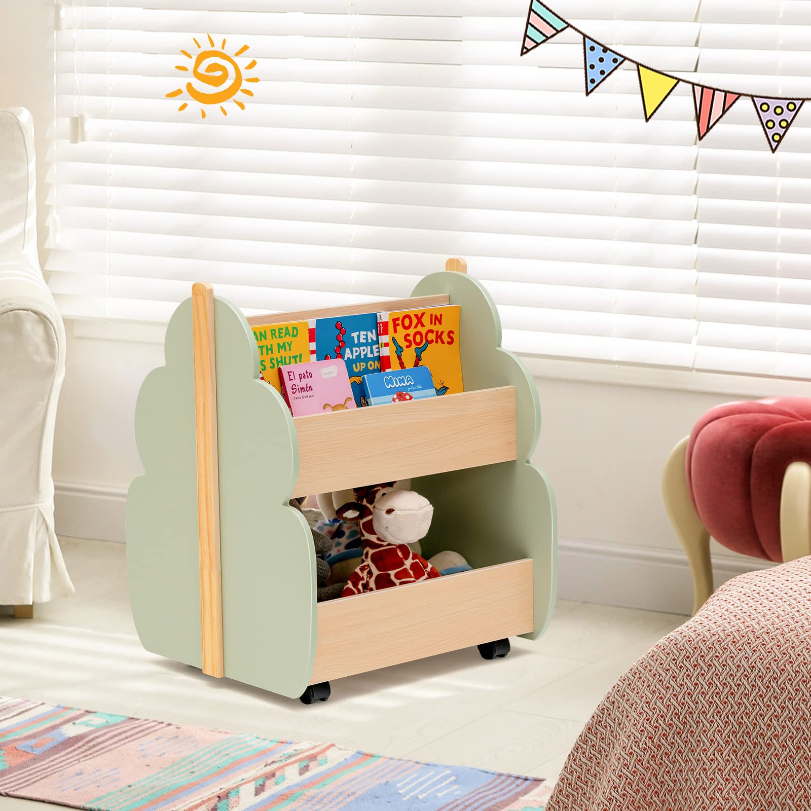 COSTWAY Bibliothèque Enfants en Bois avec Forme d‘Arbre, Étagère de Rangement Enfants avec 4 Roues Universelles, Organisateur à 2 Niveaux pour Livres Jouets, 3 Ans+