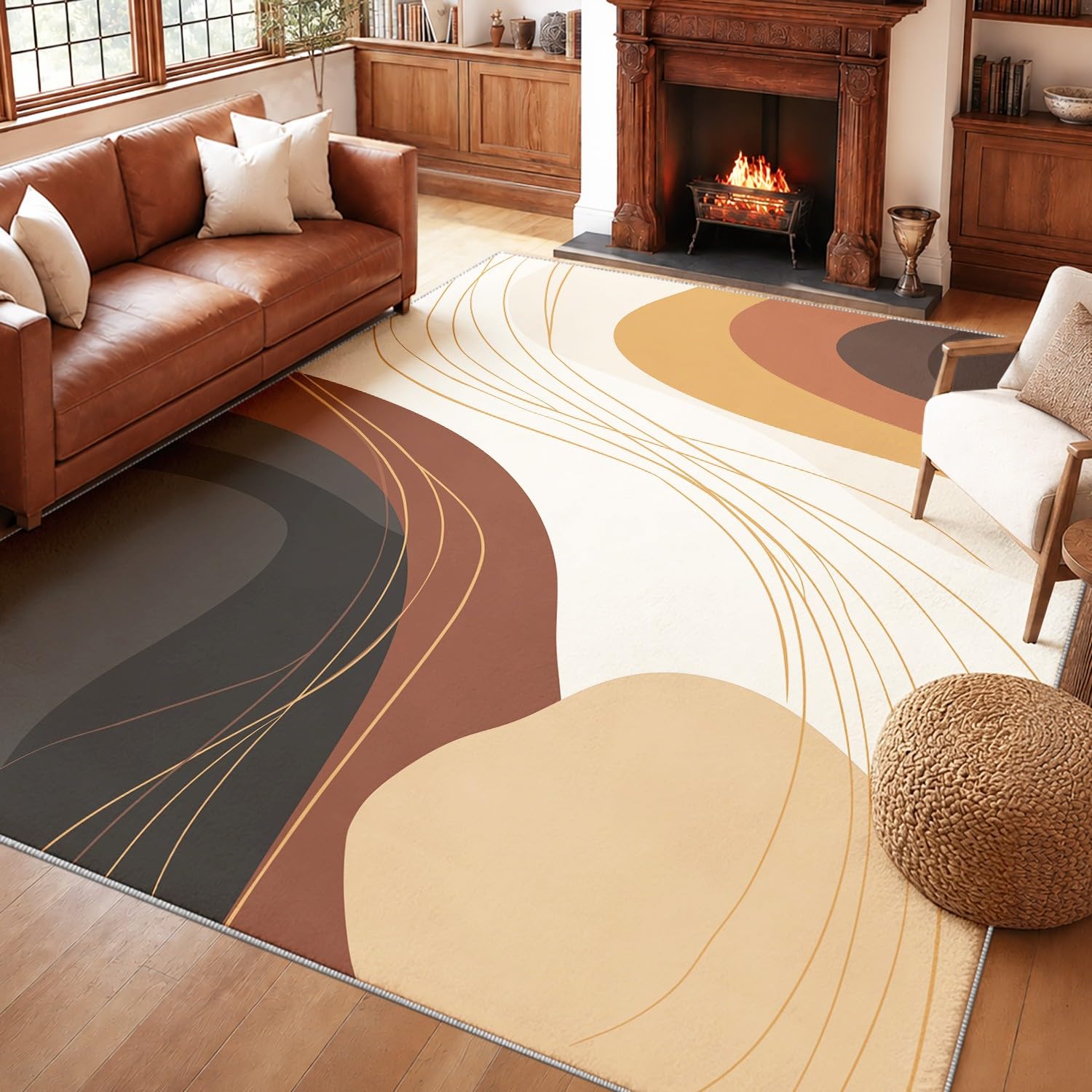 Générique Tapis Lavable Machine Salon 120 x 160 cm Tapis Abstrait Bohème Poil Bas Doux Antidérapant Chaleureux Motif Ondulé Courbe Bloc Couleur Chambre Cuisine Entrée Salle Détente Décoration Maison