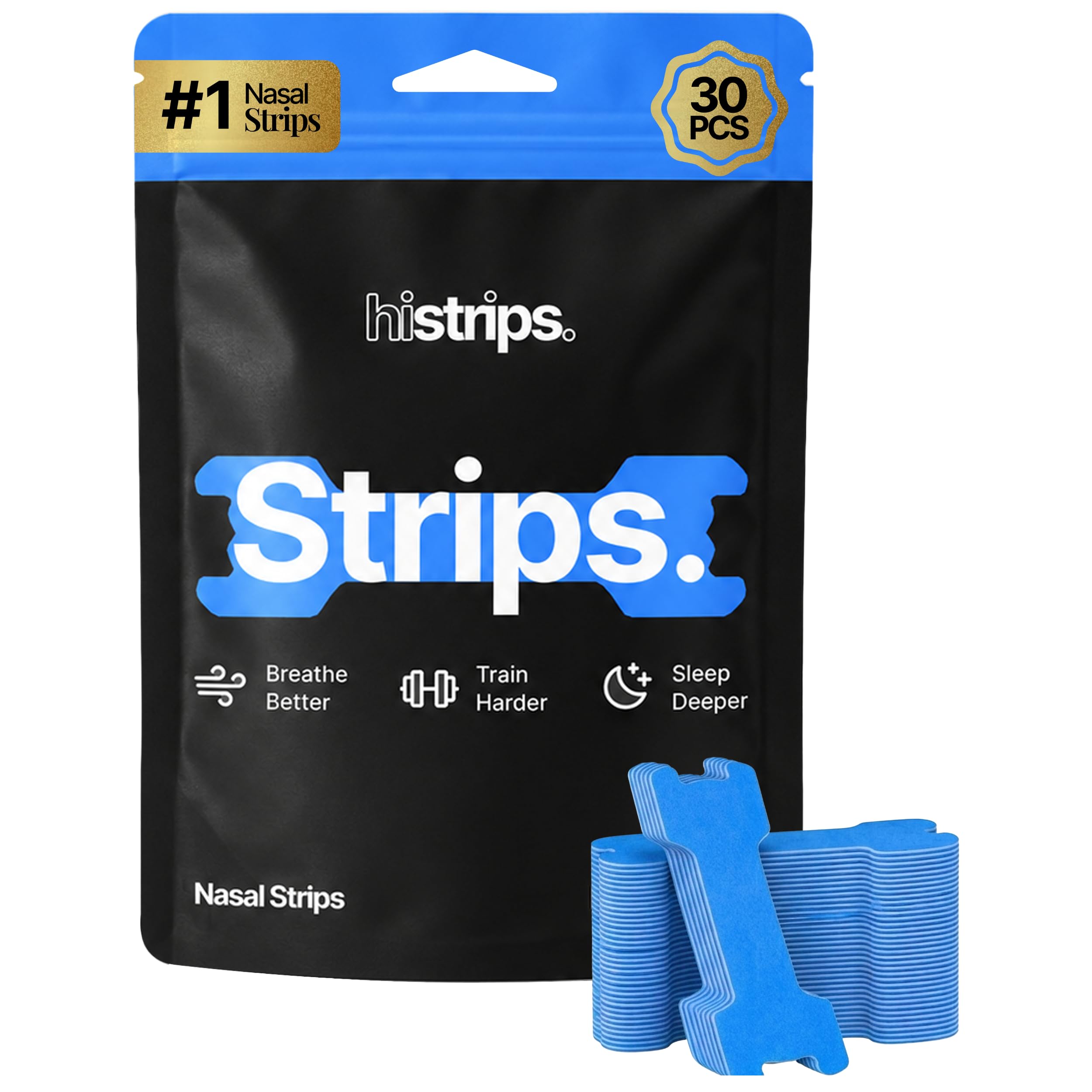 HiStrips High Performance Nasal Strips, Sweat-Proof, Blue, 30 Count