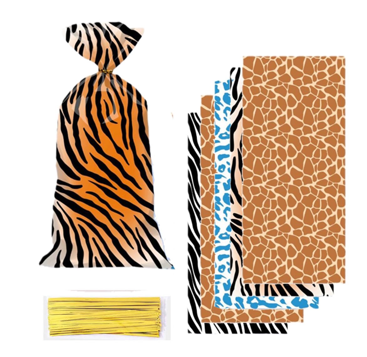 50 Pieces Jungle Animal Treat Bags Wild Giraffe Cheetah Zebra Tiger Print Cellophane Plastic Candy Bags Goodie Favor Bags with Twist Ties for Jungle