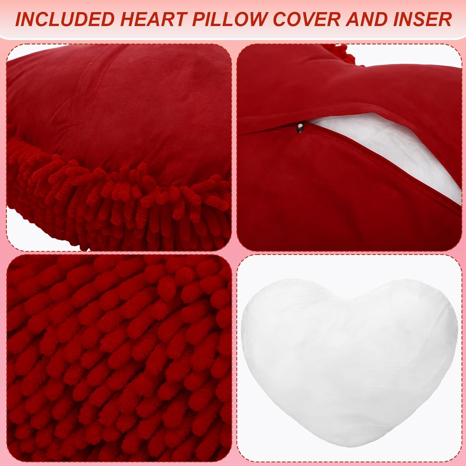 Barydat 3 Set 17 Inch Red Heart Shaped Pillows Valentines Heart Throw Pillows Decorations for Valentine Gift Living Room Sofa Office Sofa Cars Chairs (Red,Pink,White)
