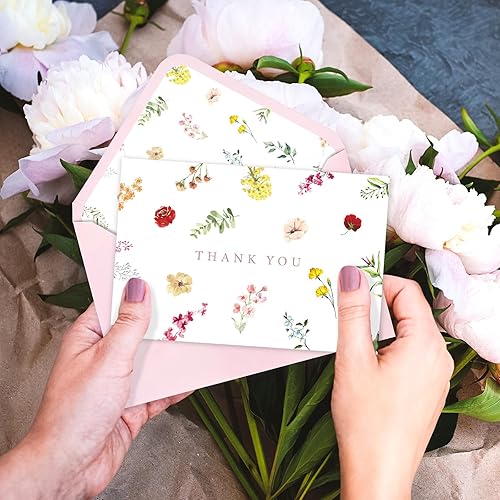 Miniatura 7 de Whaline Paquete de 24 tarjetas de agradecimiento florales de acuarela de flores de primavera con sobres, calcomanías de flores silvestres, tarjetas