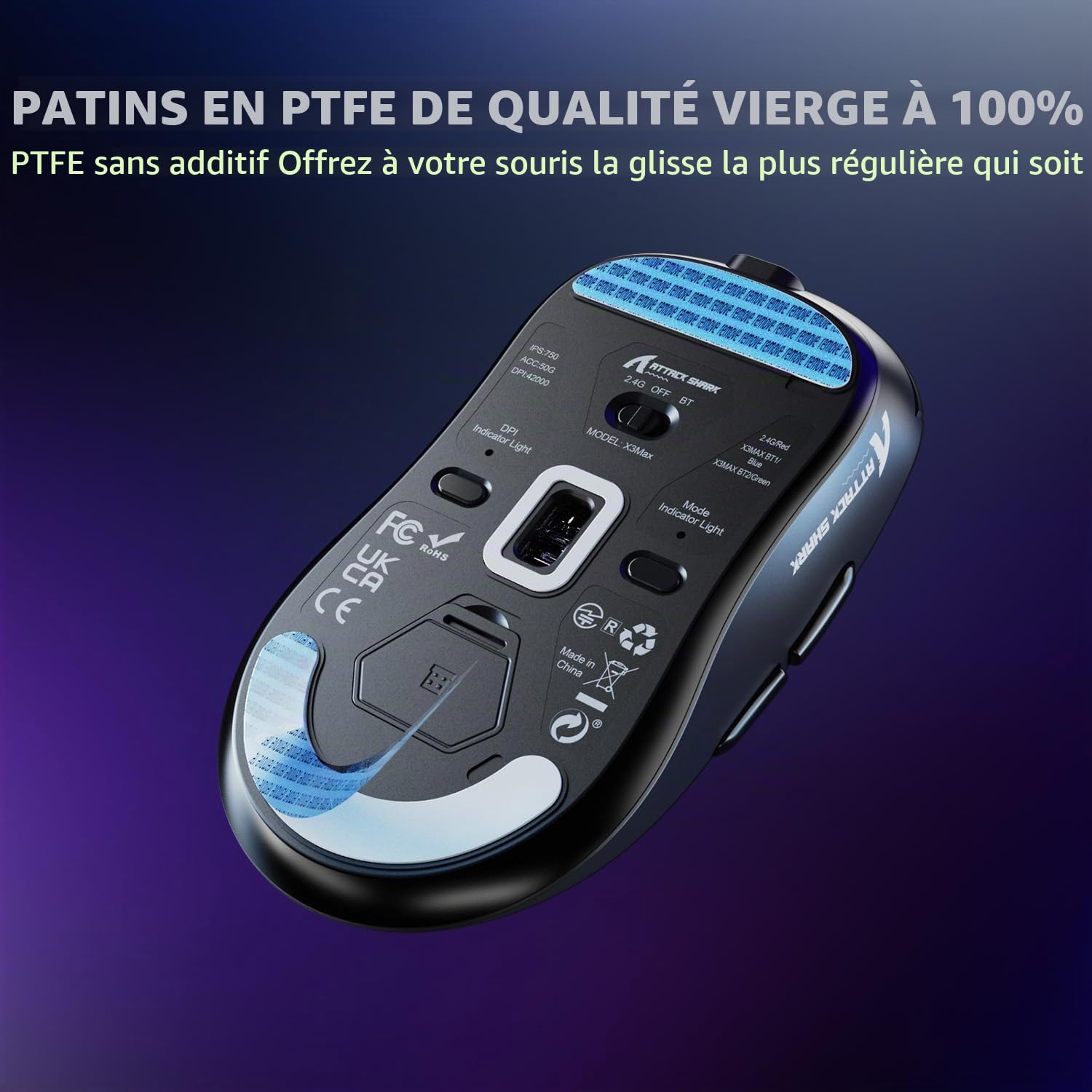 ATTACK SHARK X3MAX 49g SUPERLIGHT Souris, Capteur PixArt PAW3950, Jusqu'à 420000 DPI, Souris de Jeu Sans Fil/Filaire BT/2.4G avec Câble Spiralé, Optical Microswitches 100M Clicks, pour PC/Xbox/PS5/Mac