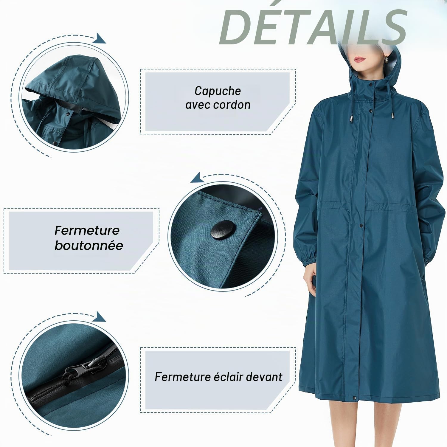 Femmes Imperméable Veste de Pluie Léger Capuche Imperméable Long Extérieur Réutilisable Séchage Rapide Vêtements de Pluie