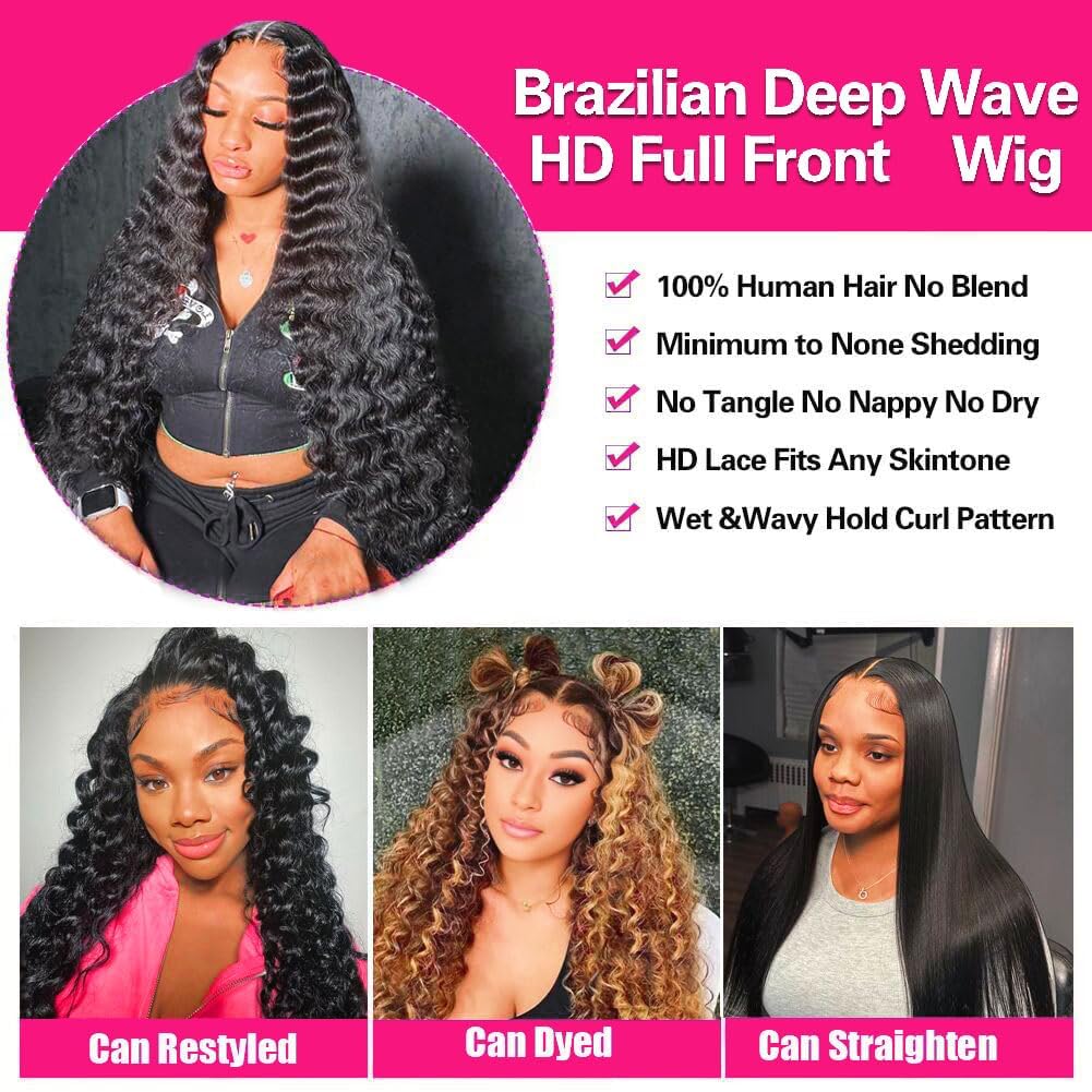 Karlami Brazilian Virgin 24 inch 5x5 HD Lace Closure Wigs Human Hair Wet and Wavy Human Hair Wig Deep Wave Lace Front Wigs Human Hair 180% Density Black