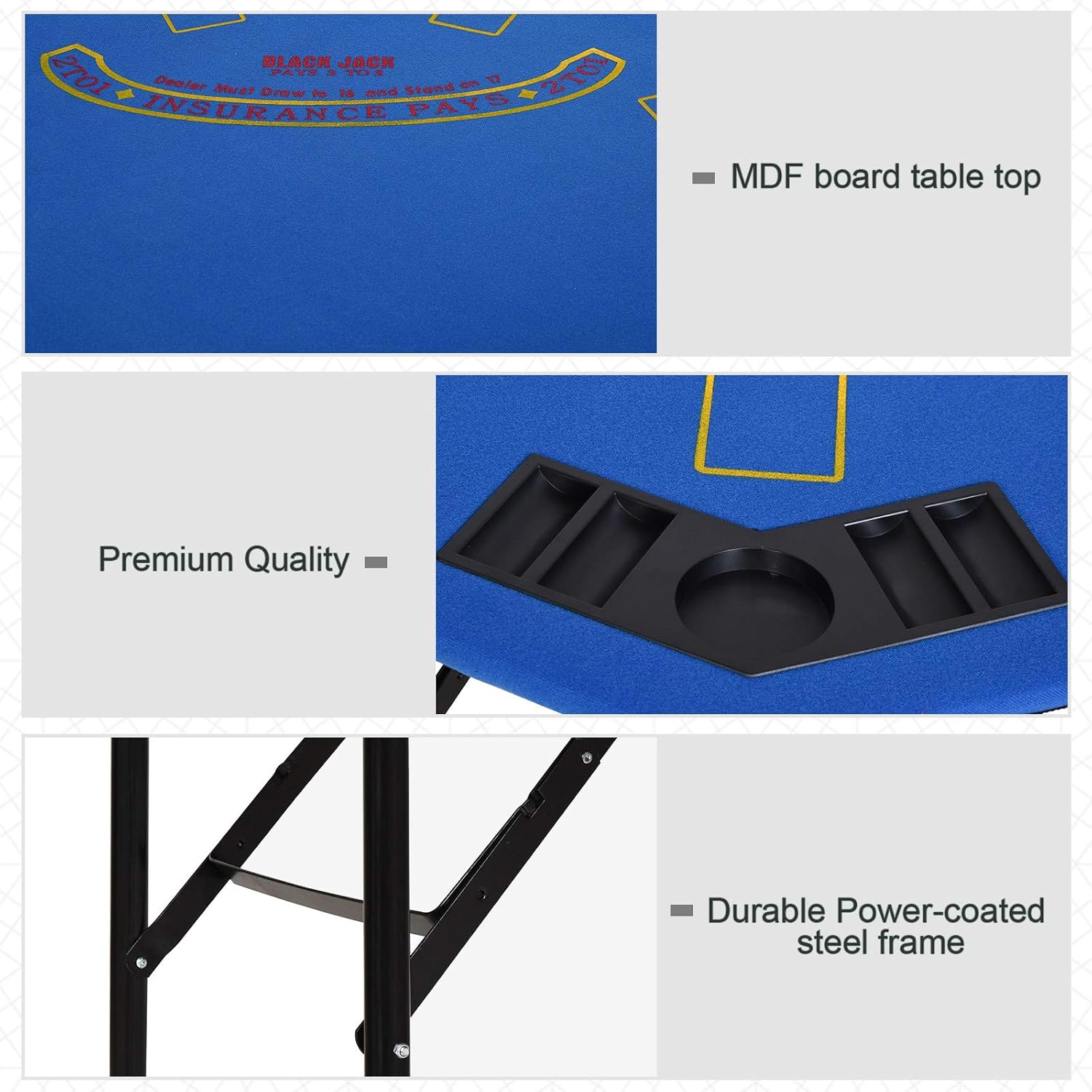 Soozier Poker Table Foldable, 47" Octagon Blackjack Poker Game Table for 8 Players with Cup Holders and Chips Tray, Blue Felt