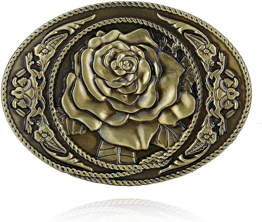 KDG Western Cowboy Belt Buckles Antique Copper Large Custom Belt Buckles Engraved Floral with Rope Edge Novelty Buckles