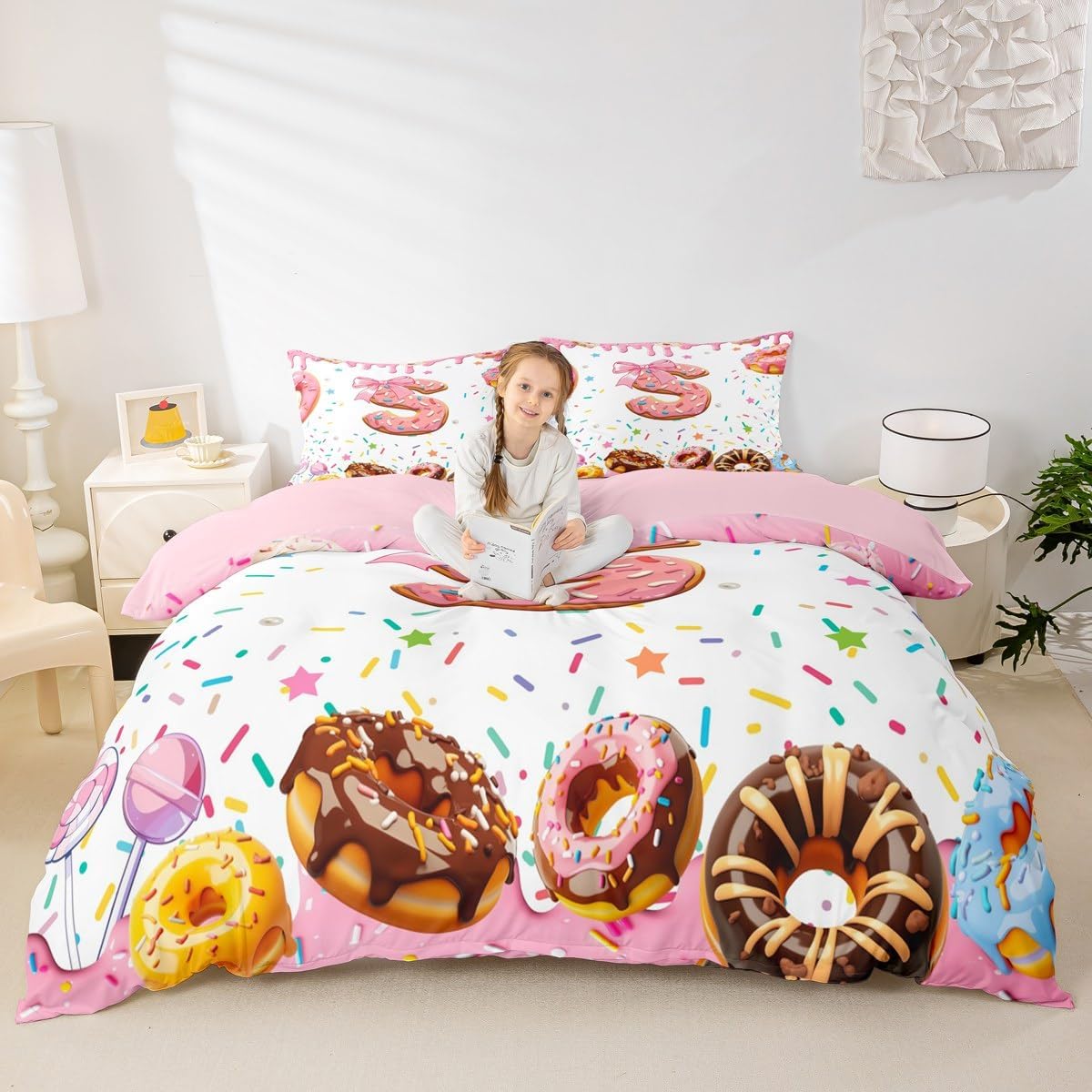 Erosebridal Pink Bow Duvet Cover Toddler Size Monogrammed Bedding Sets, Kids Girls Personalized Initial S Bed Set Colorful White Donut Sweet Candy Bed Cover Ultra Soft Modern Bedroom Decor