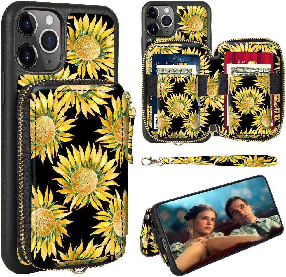 ZVE iPhone 12 Floral Print Case Wallet iPhone 12 pro Zipper case with Card Holder Slot Wrist Strap Women Handbag Protective Leather Case Cover for 2020 iPhone 12/iPhone 12 Pro, 5G, 6.1" - Sunflower