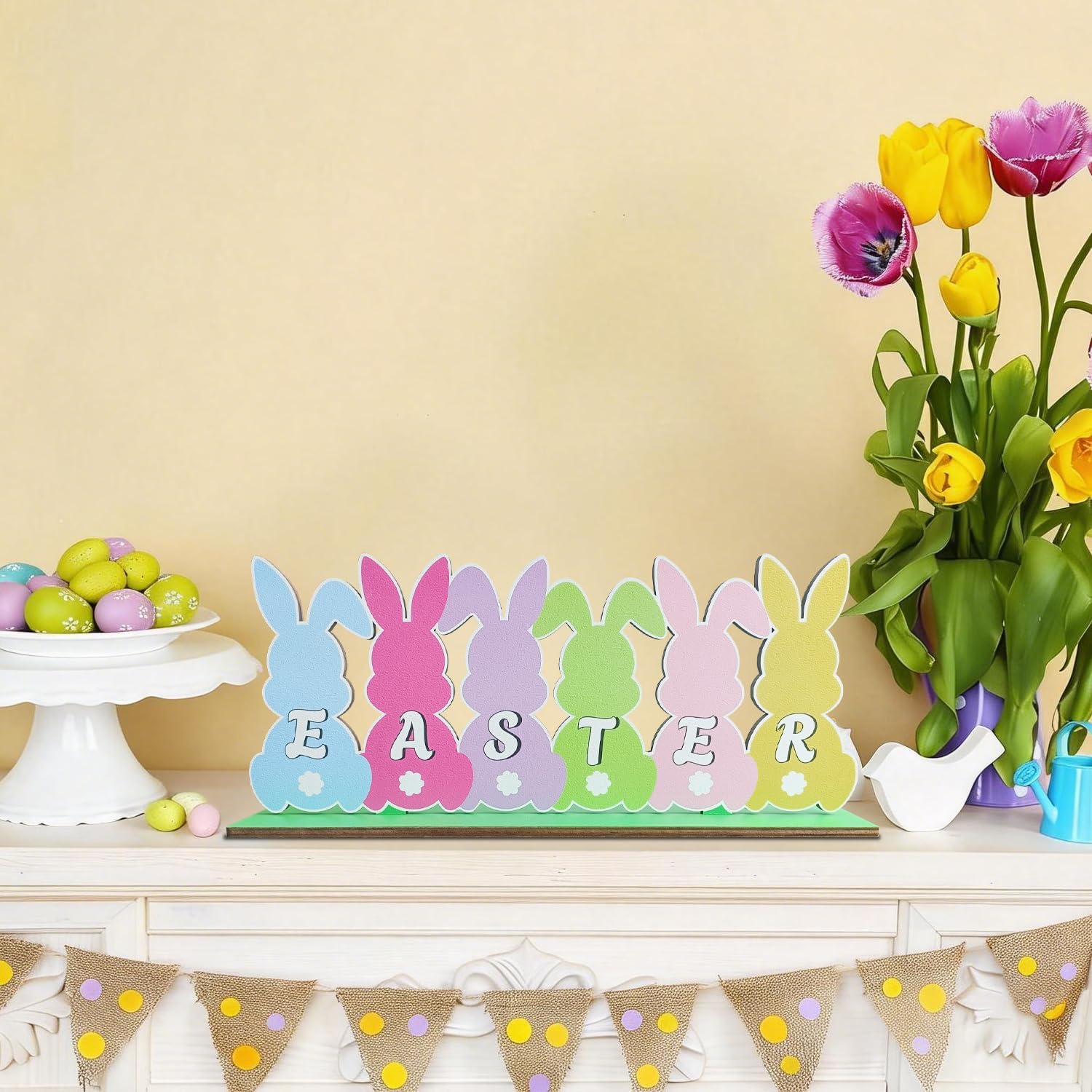 Easter Table Decorations Wooden Centerpiece 11.8 x 4.9 Inches Easter Bunny Decorations for Home Rustic Farmhouse Tabletop Tiered Tray Decor for Spring Easter Party Supplies, Multicolor
