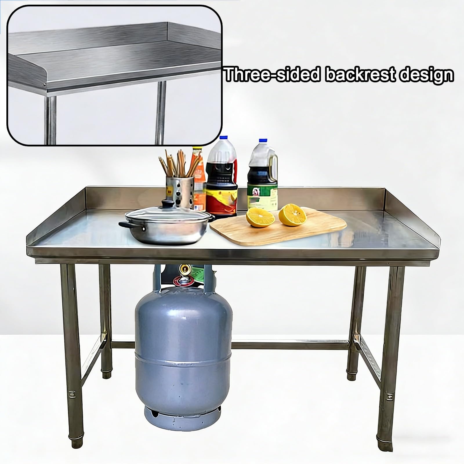 Mesa Taller de Acero Inoxidable con Salpicaderas en Tres Lados Mesas Trabajo Comercial de Un Solo Nivel Travesaños Reforzados en Las pata patas Ajustables Adecuado para Restaurantes Y Domésticas