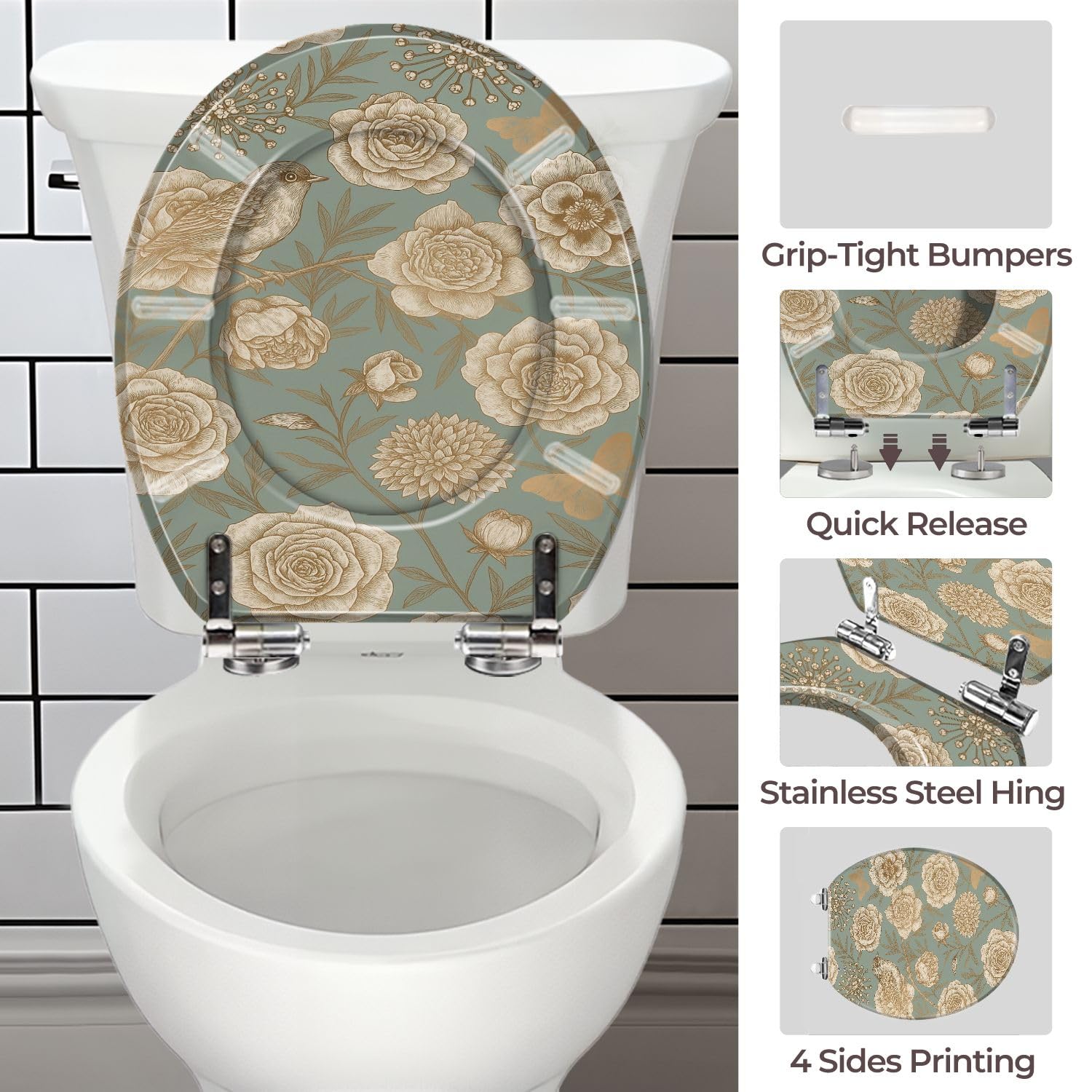 Sedile WC rotondo decorativo, lussuoso con stampa su carta blu e lamina d'oro, materiale in resina, cerniere e coperchio a sgancio rapido, facile installazione per il bagno.