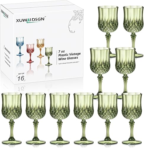Miniatura 25 de XUWAIDSGN Copas de vino vintage de plástico de 7 onzas, vasos irrompibles para boda, copas de agua de cristal, vasos reutilizables, copas de champán