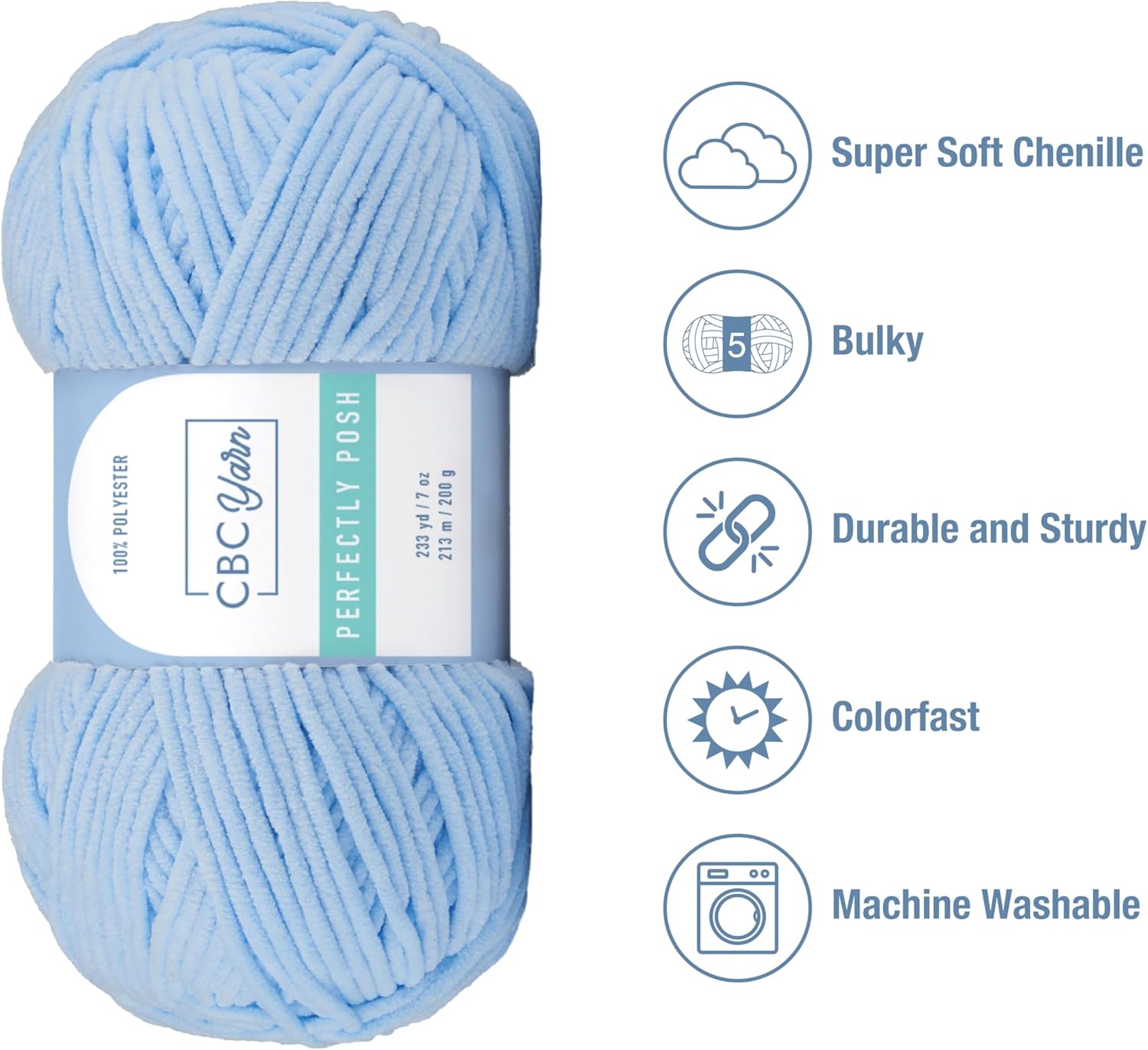 CBC Perfectly Posh Chenille Yarn for Knitting, Crocheting and Amigurumi - 2 Pack (7 oz / 200g, 233 Yards Each Skein), Light Blue, Gauge 5 Bulky
