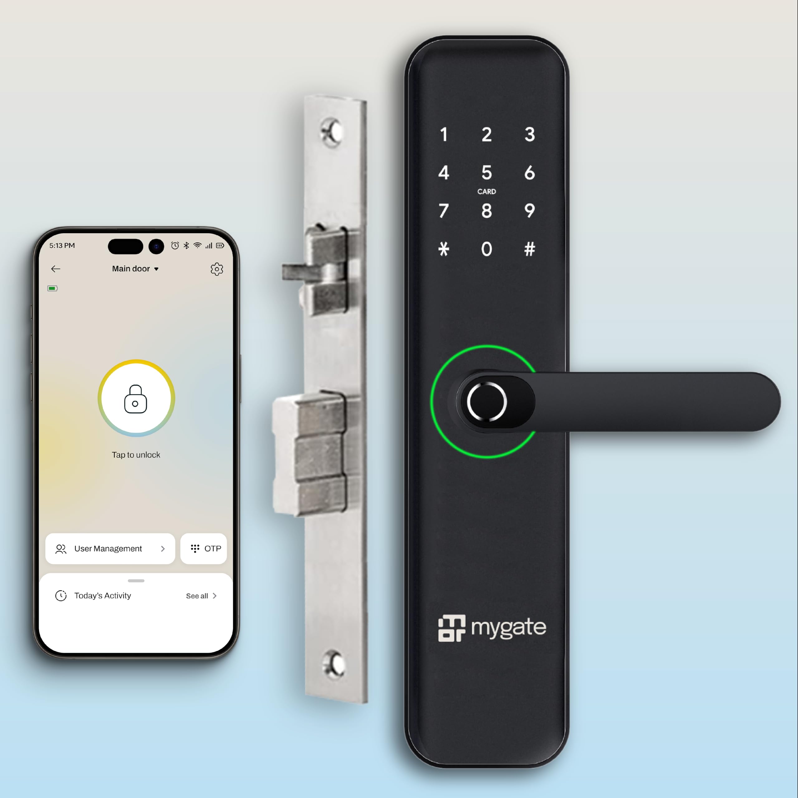 Mygate Smart Door Lock SE with 6 Unlock Methods, Fingerprint, OTP, PIN, RFID Card, Key & Mobile App Access, Unauthorized Freeze & Pin Decoy, Remote Unlocking via OTP| 3-Year Warranty by Mygate, Black
