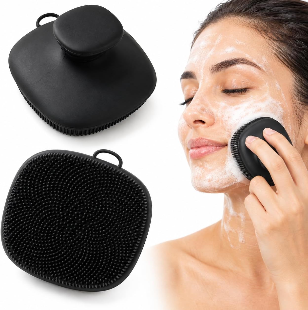 Silicone Face Scrubber, Manual Facial Cleansing Brush with Soft Silicone Bristles and Grip Handle, 2.76 x 2.76 x 1.57 Inch Face Wash Brush for Makeup Residue, Daily Skin Care, Shower, Black