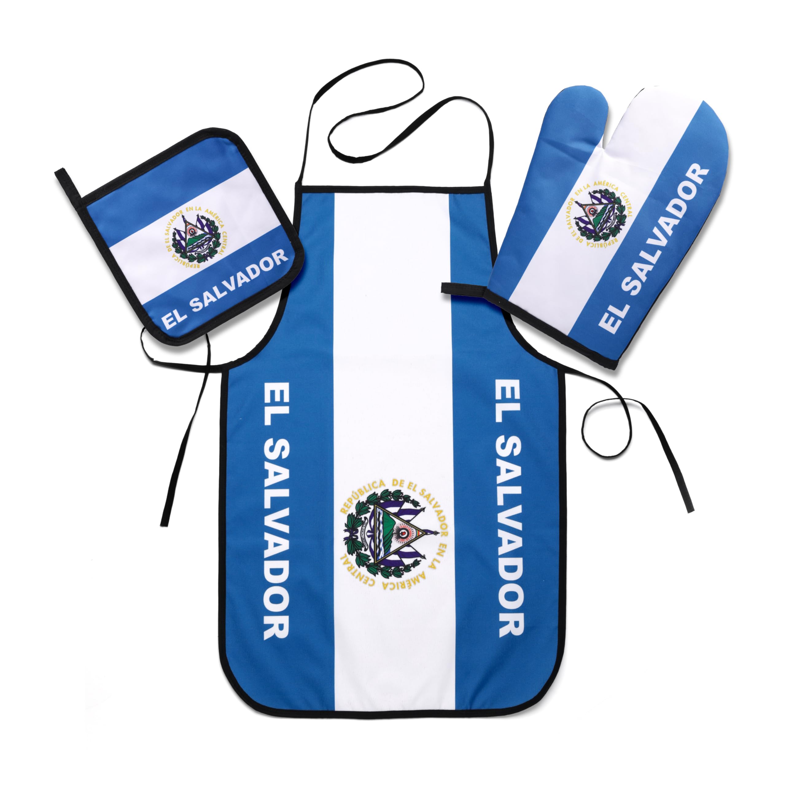 JAVI Sports El Salvador Flag Kitchen & BBQ Set w/Apron, Oven-mitt & Pot-holder El Salvadorian